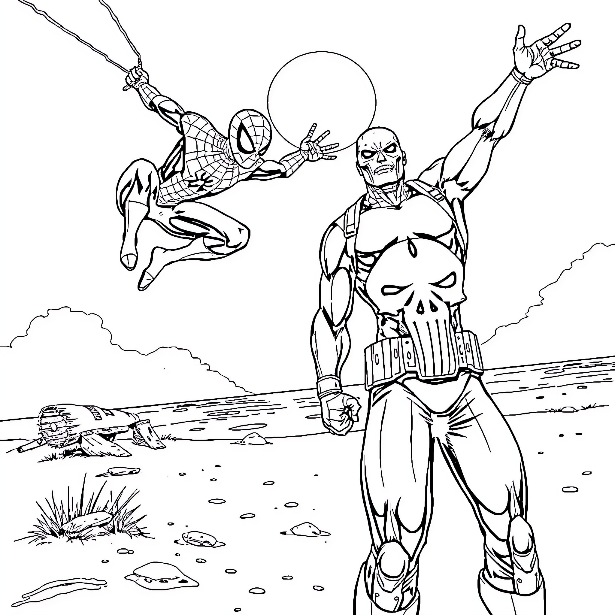 Spider-Man battling the Punisher in an intense confrontation Coloring Page (free black-and-white line drawing printable PDF for all, from beginners to advanced learners, including children, teens, adults, and seniors)