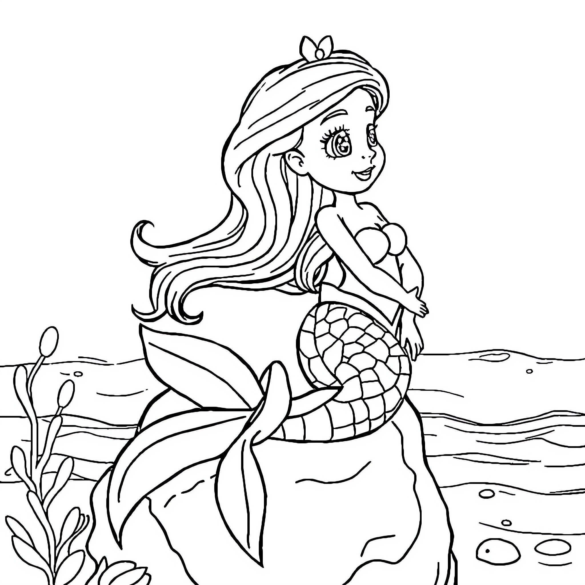 Mermaid swimming joyfully in the ocean Coloring Page (free black-and-white line drawing printable PDF for all, from beginners to advanced learners, including children, teens, adults, and seniors)