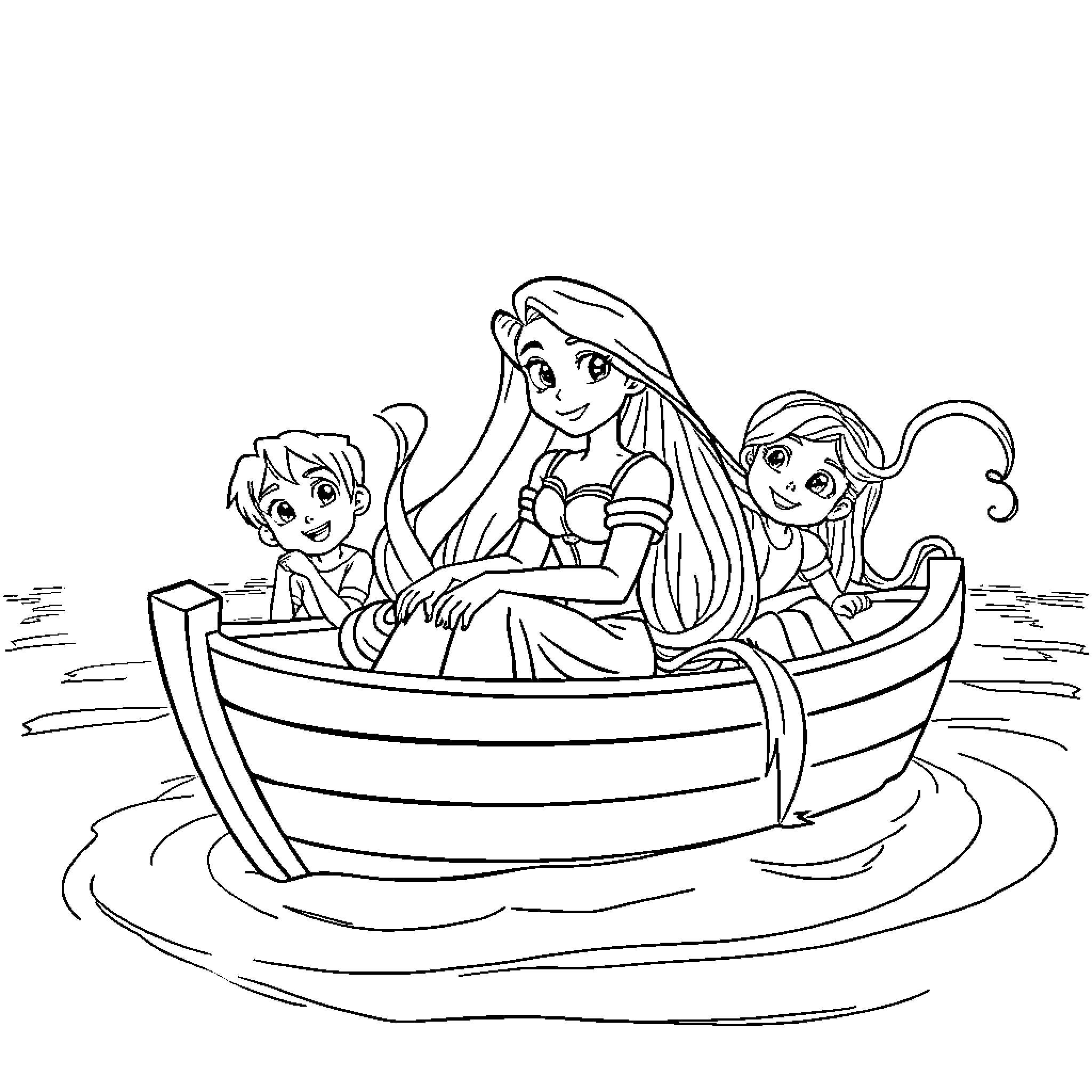 Rapunzel and friends sailing in a boat Coloring Page (free black-and-white line drawing printable PDF for all, from beginners to advanced learners, including children, teens, adults, and seniors)