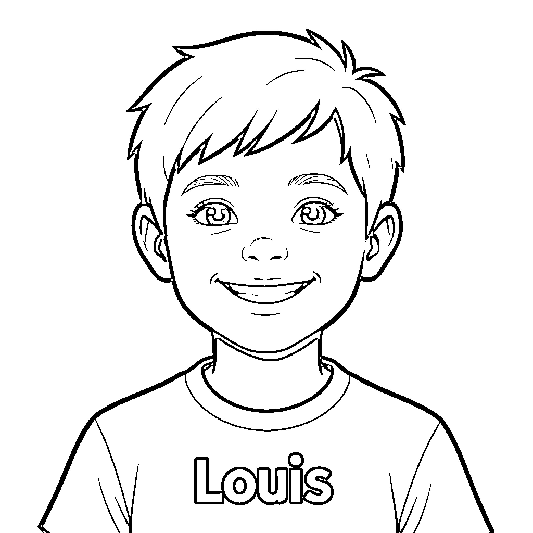 Louis smiling warmly while wearing a simple t-shirt Coloring Page (free black-and-white line drawing printable PDF for all, from beginners to advanced learners, including children, teens, adults, and seniors)