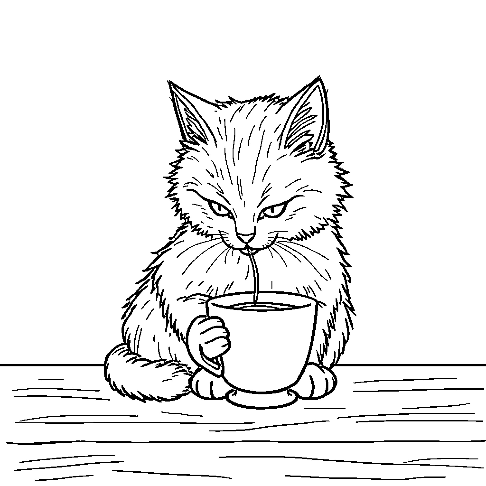 Cat enjoying a hot beverage Coloring Page (free black-and-white line drawing printable PDF for all, from beginners to advanced learners, including children, teens, adults, and seniors)