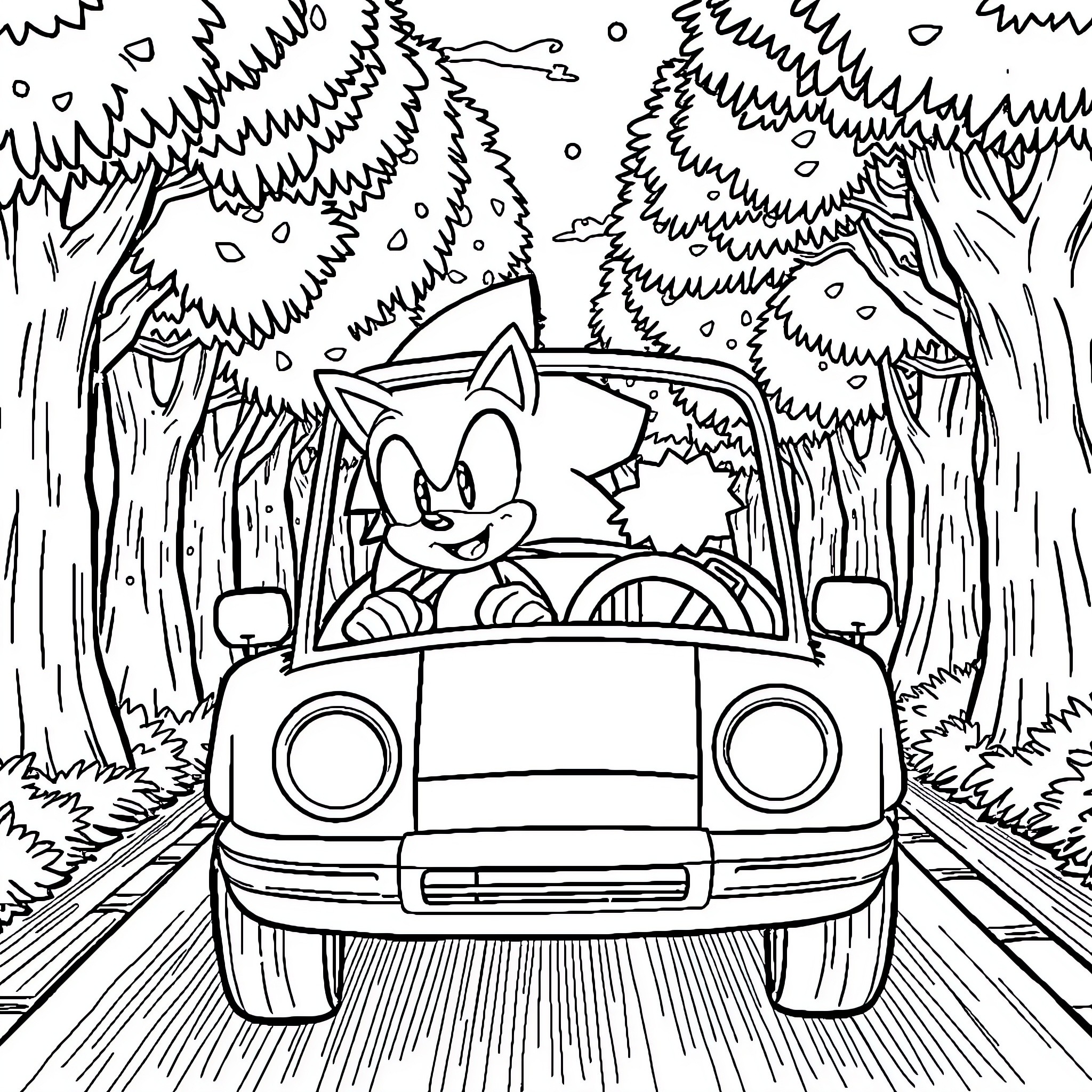 Sonic speeding through the forest in his car Coloring Page (free black-and-white line drawing printable PDF for all, from beginners to advanced learners, including children, teens, adults, and seniors)