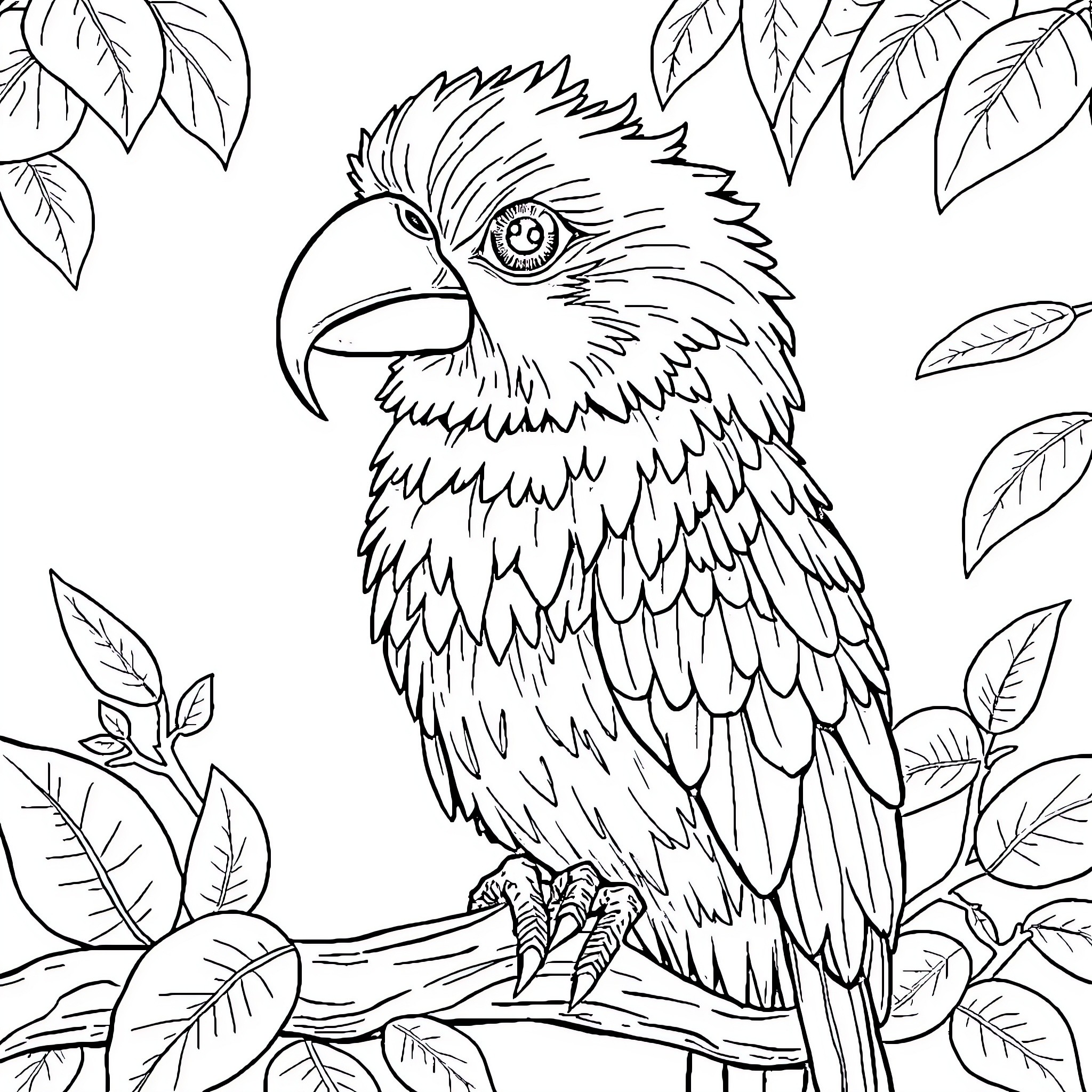 Animal perched on branch with leaves Coloring Page (free black-and-white line drawing printable PDF for all, from beginners to advanced learners, including children, teens, adults, and seniors)