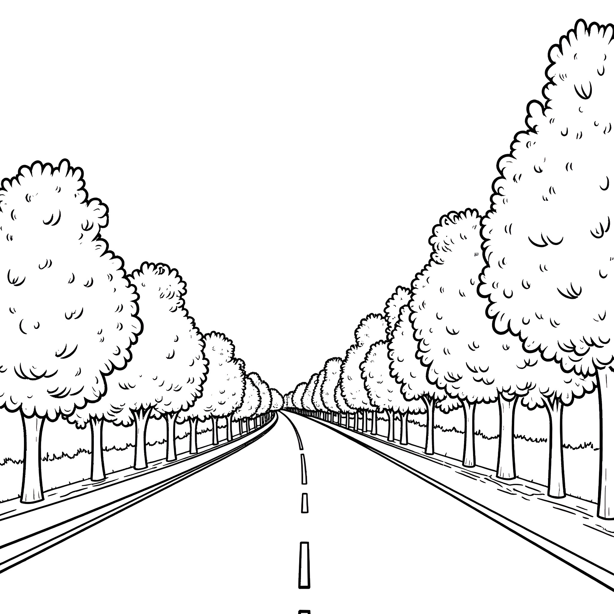 Driving through a scenic tree-lined road Coloring Page (free black-and-white line drawing printable PDF for all, from beginners to advanced learners, including children, teens, adults, and seniors)