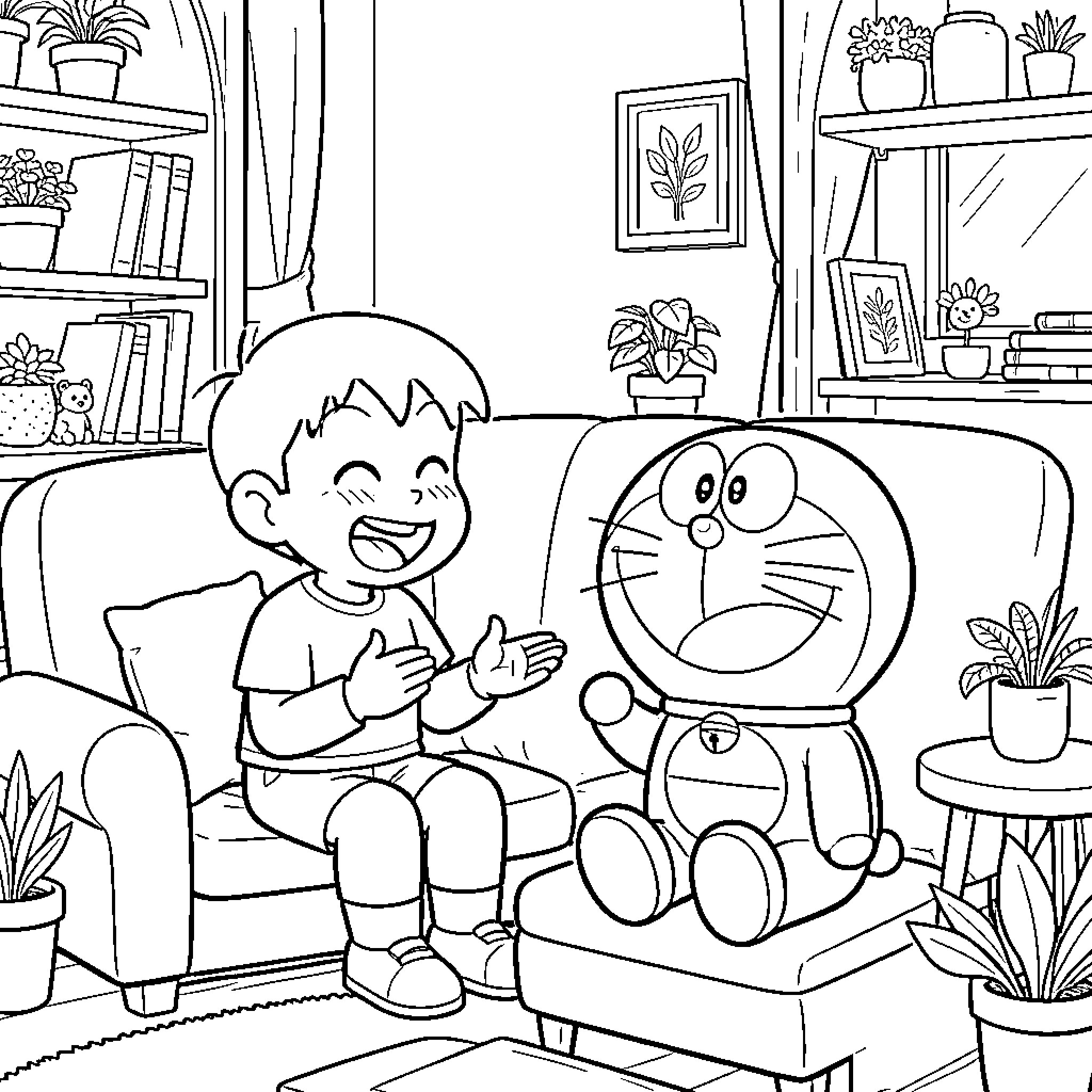 Nobita and Doraemon enjoying quality time at home Coloring Page (free black-and-white line drawing printable PDF for all, from beginners to advanced learners, including children, teens, adults, and seniors)