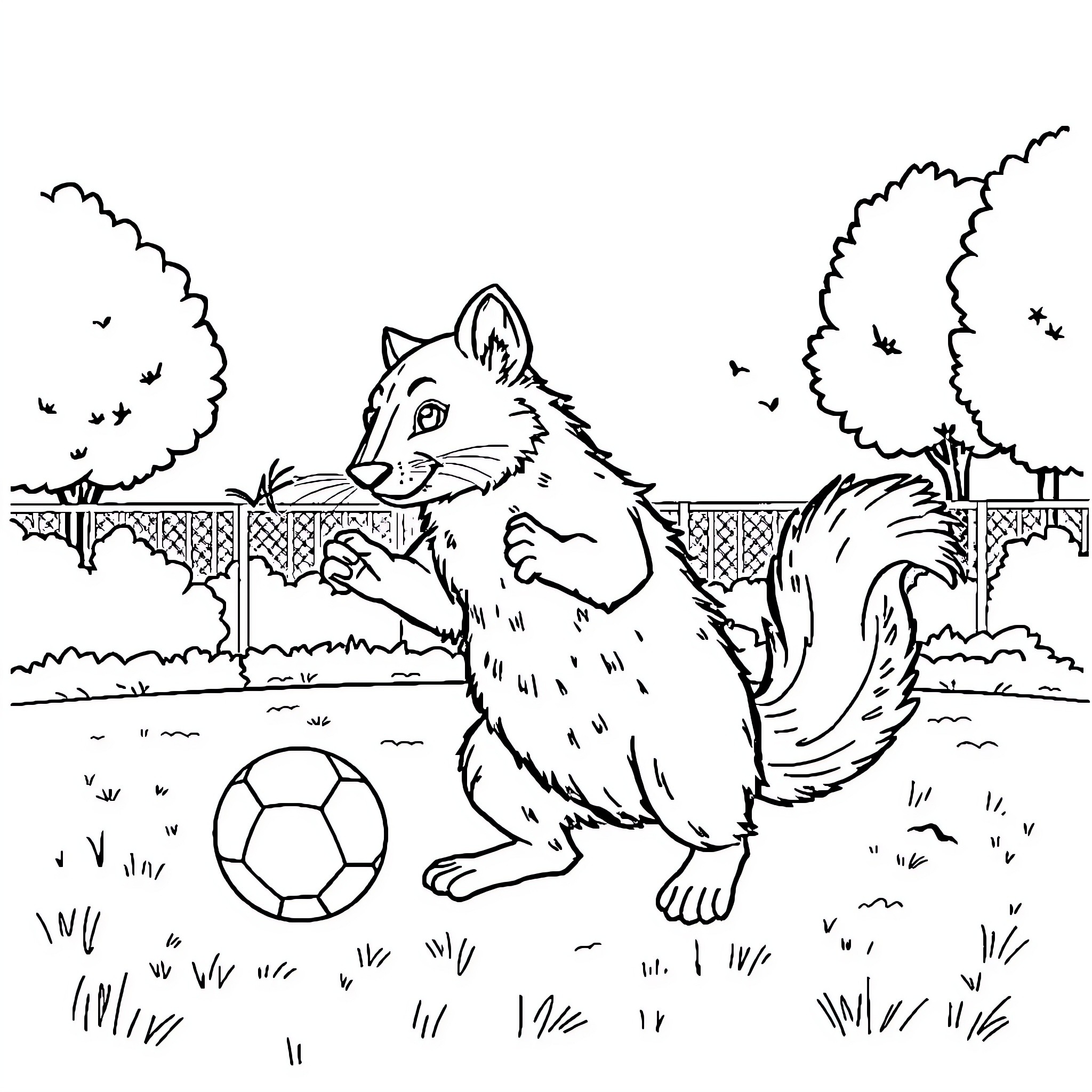 Dog playing with soccer ball in park Coloring Page (free black-and-white line drawing printable PDF for all, from beginners to advanced learners, including children, teens, adults, and seniors)