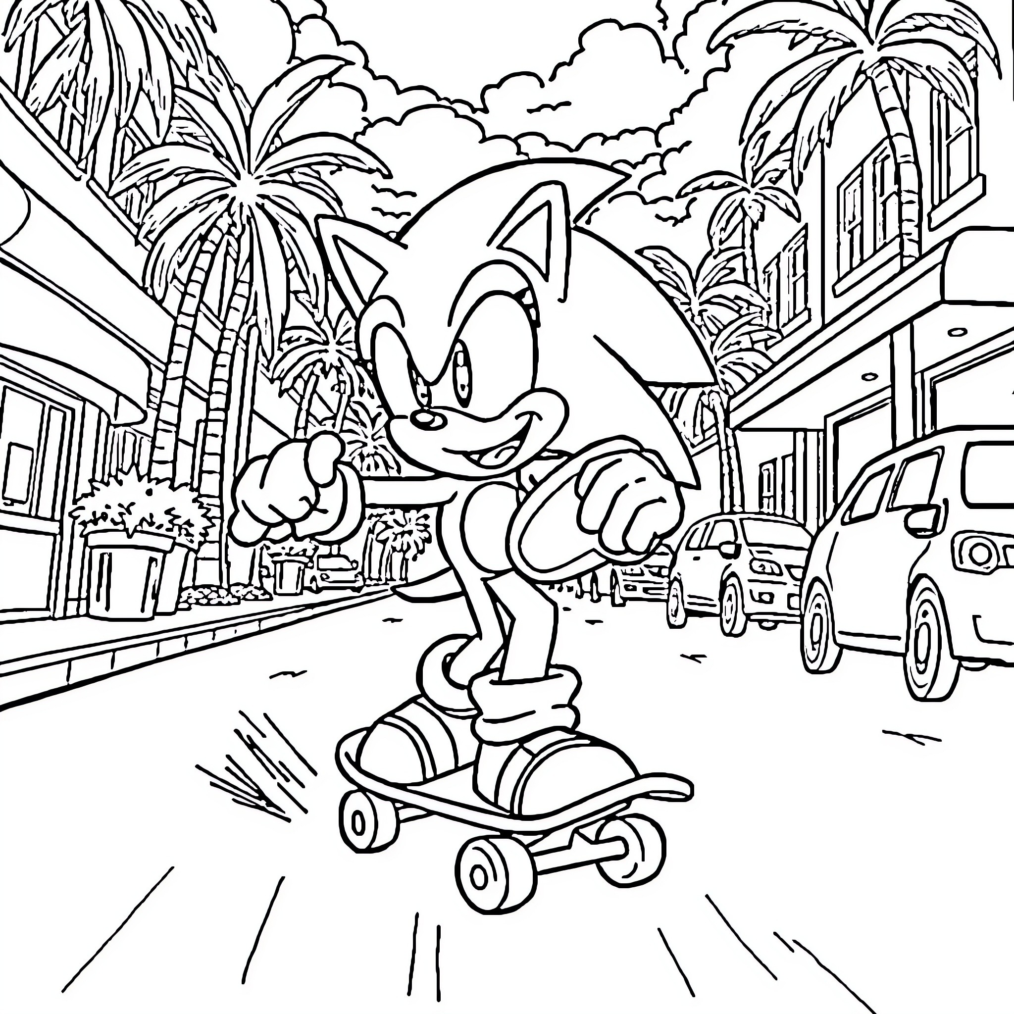 Sonic riding skateboard through tropical city Coloring Page (free black-and-white line drawing printable PDF for all, from beginners to advanced learners, including children, teens, adults, and seniors)