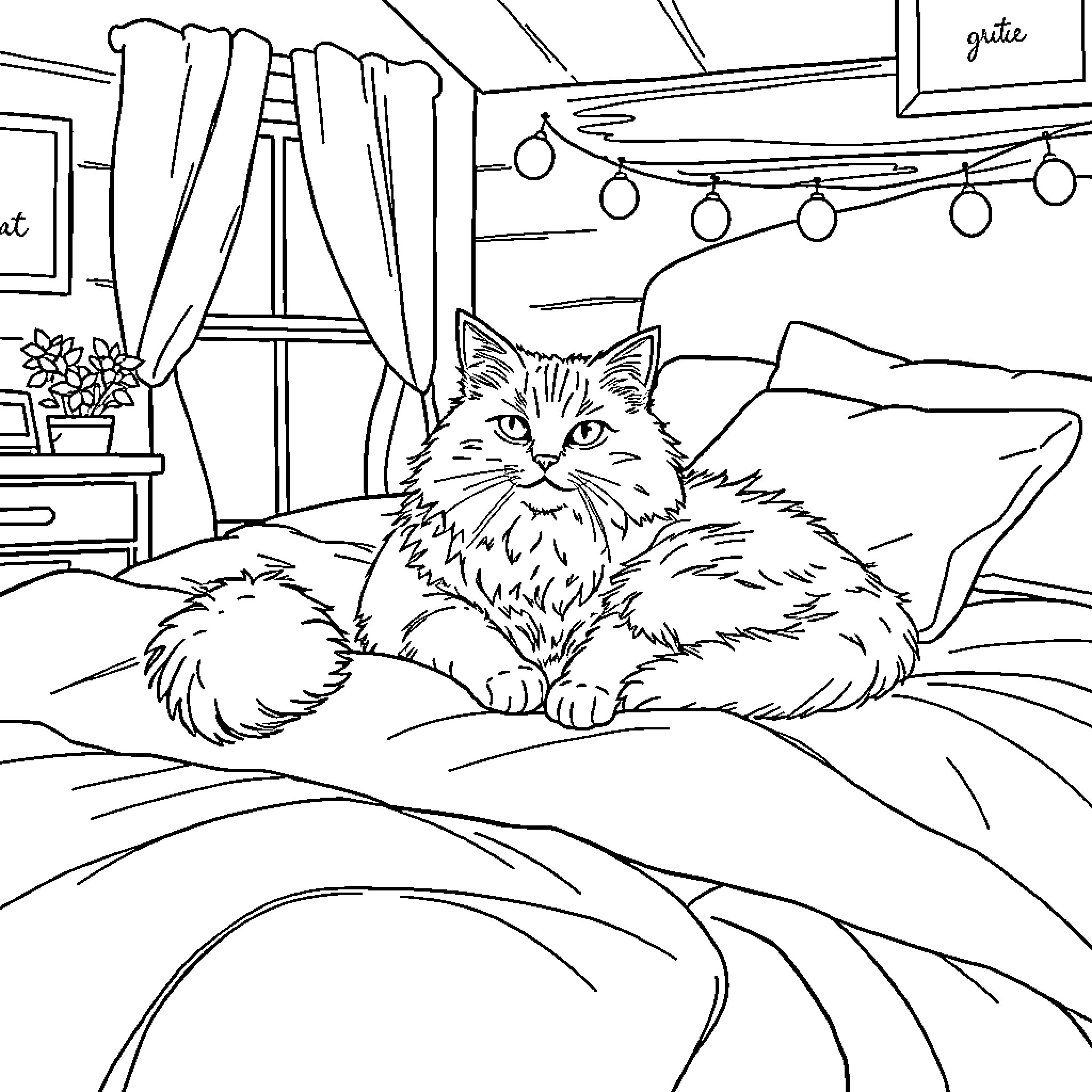 Cat lounging comfortably in a cozy indoor setting Coloring Page (free black-and-white line drawing printable PDF for all, from beginners to advanced learners, including children, teens, adults, and seniors)