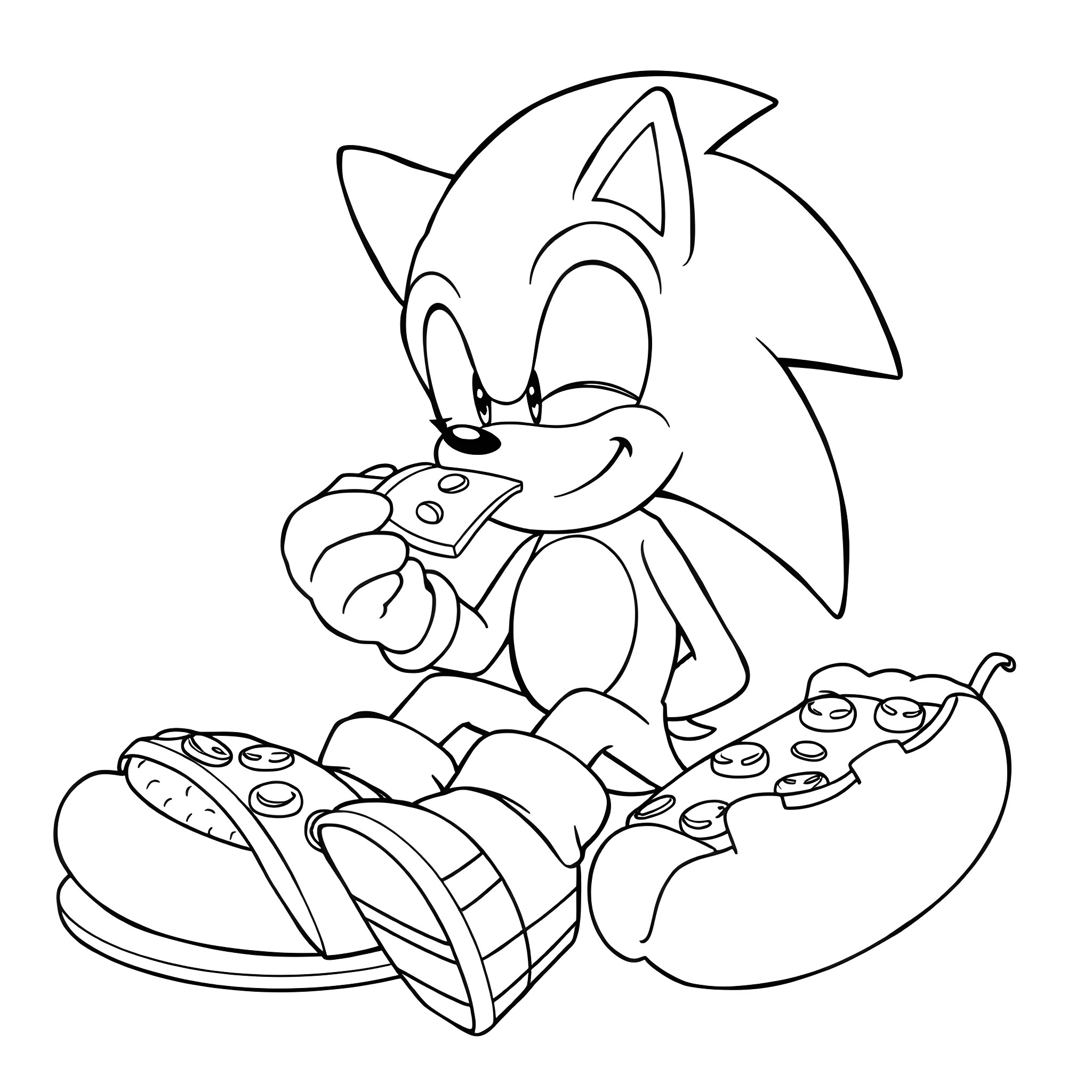 Sonic playing video games with gaming controllers Coloring Page (free black-and-white line drawing printable PDF for all, from beginners to advanced learners, including children, teens, adults, and seniors)