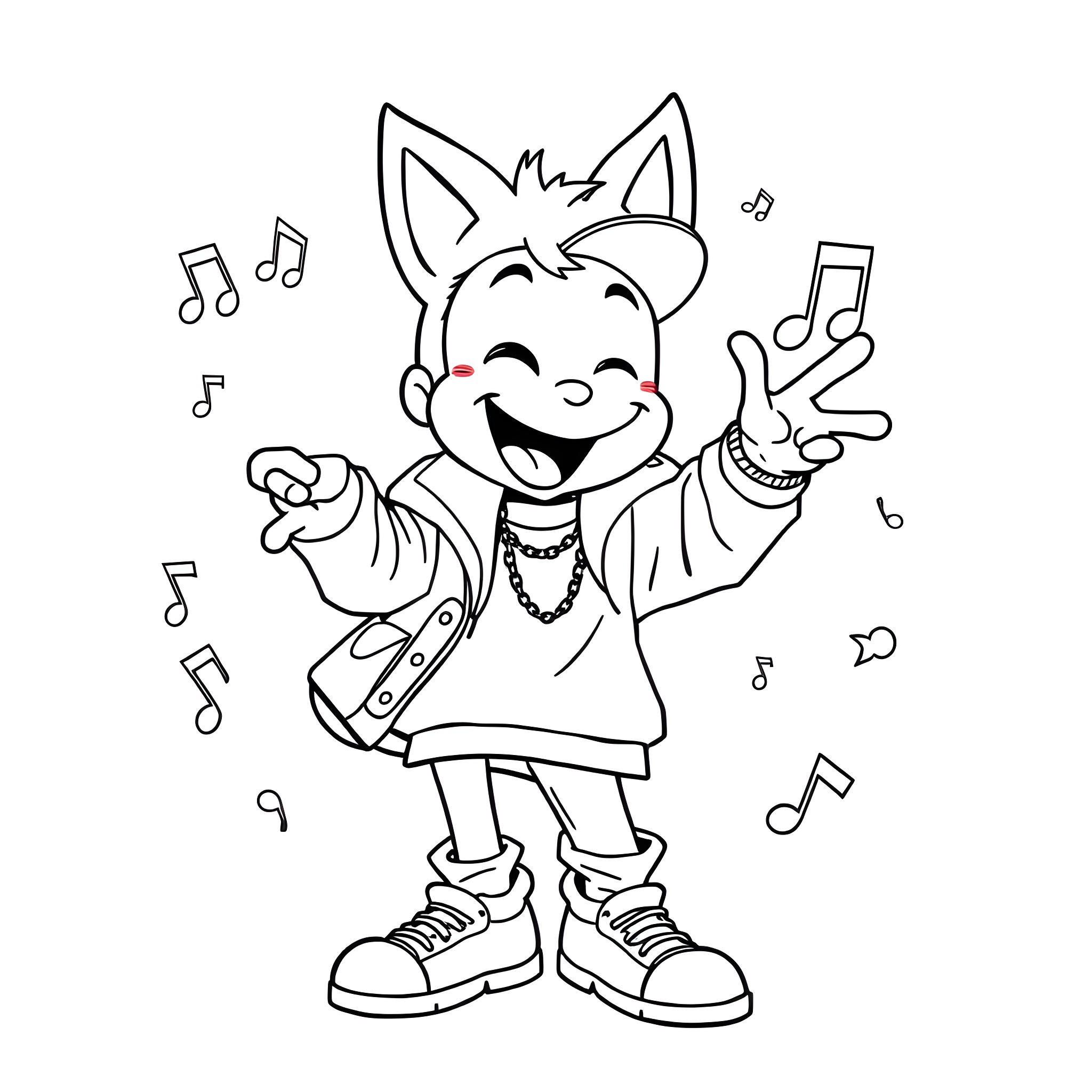 Felix joyfully singing and dancing with music notes Coloring Page (free black-and-white line drawing printable PDF for all, from beginners to advanced learners, including children, teens, adults, and seniors)