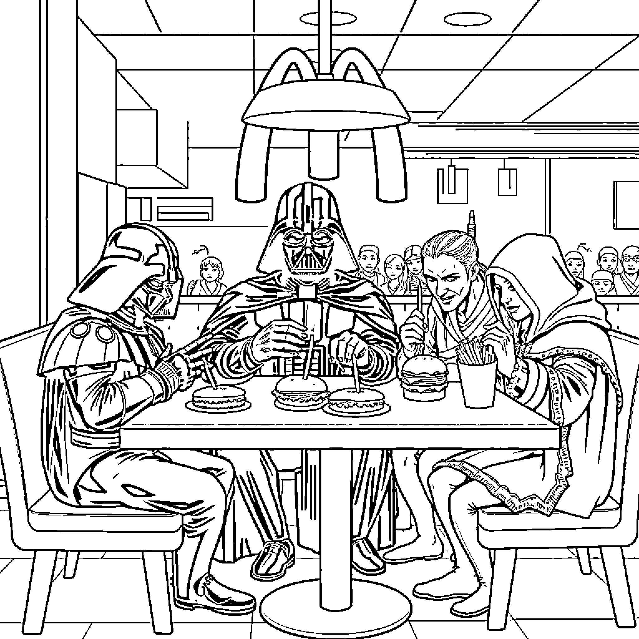 Villain Enjoying Meal with Mischievous Companions Coloring Page (free black-and-white line drawing printable PDF for all, from beginners to advanced learners, including children, teens, adults, and seniors)