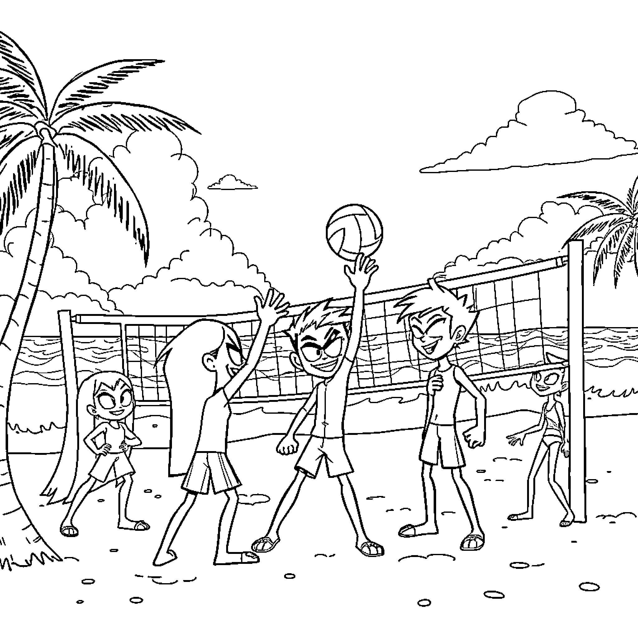 Teen Titans Playing Volleyball on the Beach Coloring Page (free black-and-white line drawing printable PDF for all, from beginners to advanced learners, including children, teens, adults, and seniors)