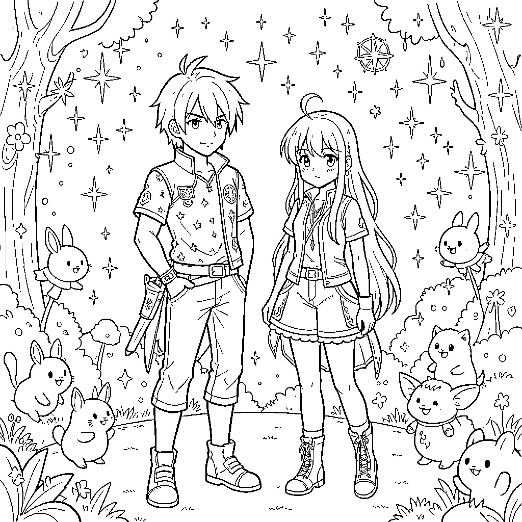 Fairy Tail Adventure in the Enchanted Forest Coloring Page (free black-and-white line drawing printable PDF for all, from beginners to advanced learners, including children, teens, adults, and seniors)
