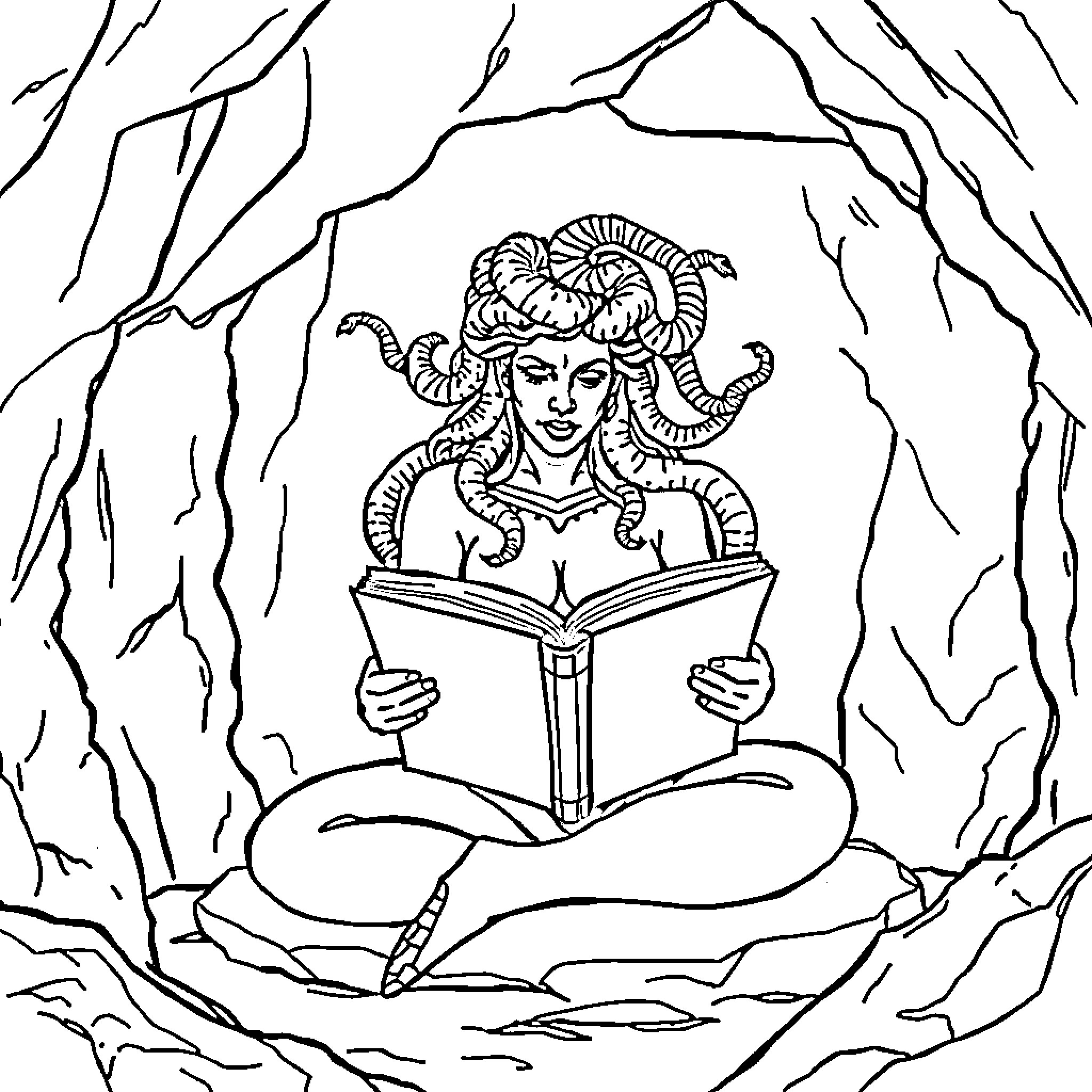 Medusa reading a book in a cave Coloring Page (free black-and-white line drawing printable PDF for all, from beginners to advanced learners, including children, teens, adults, and seniors)