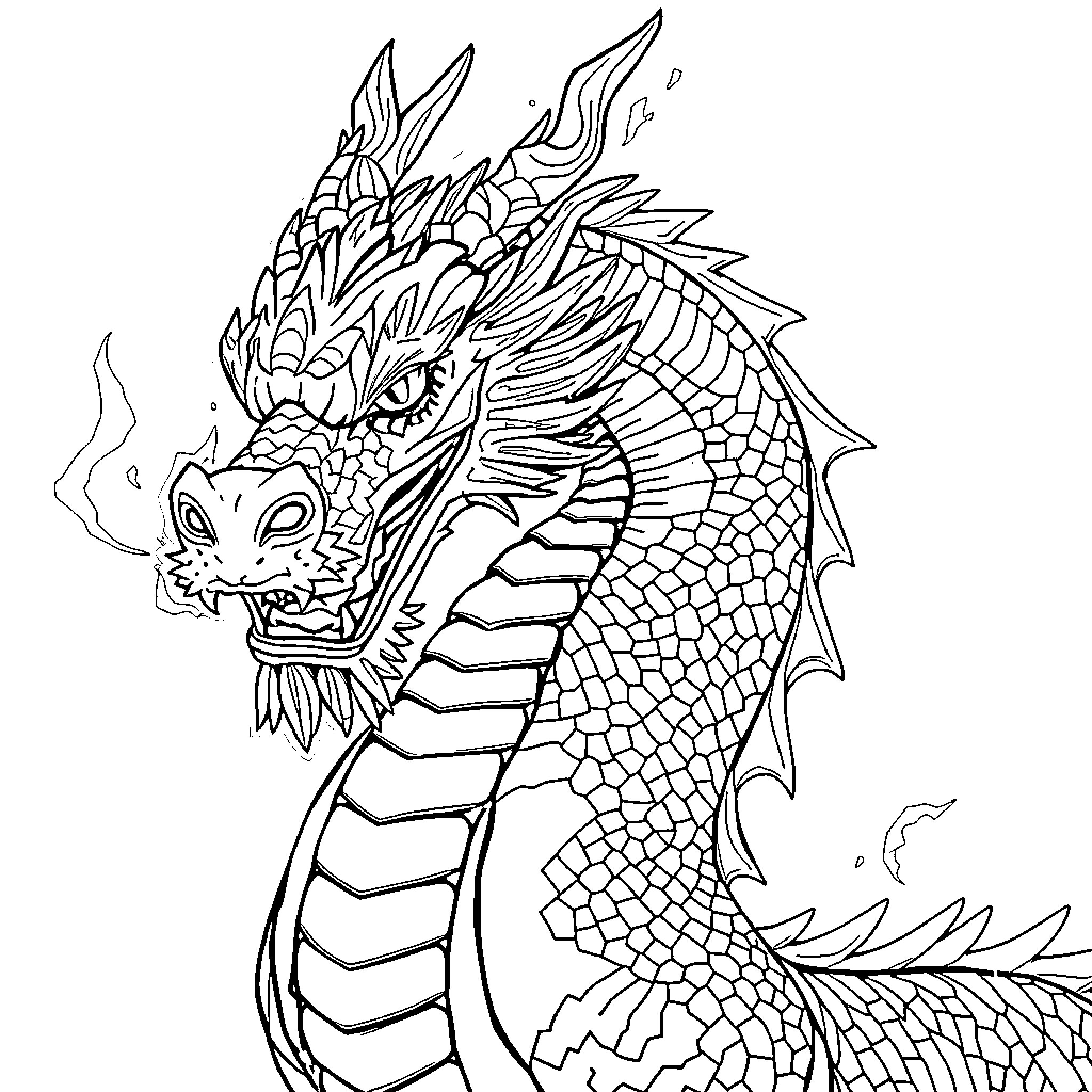 Dwarf dragon coiled with fierce expression Coloring Page (free black-and-white line drawing printable PDF for all, from beginners to advanced learners, including children, teens, adults, and seniors)