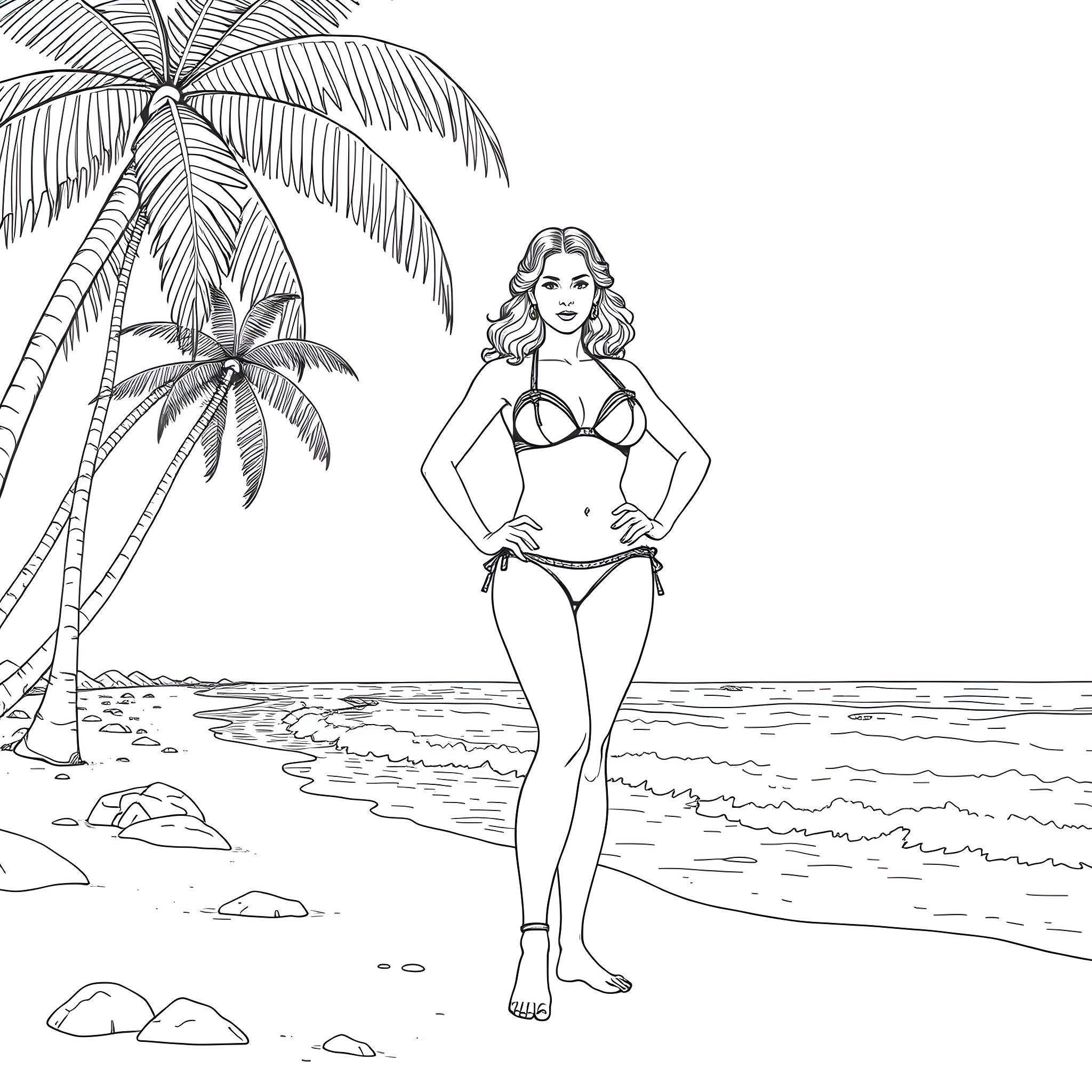 Princess Leia in beachwear at tropical paradise Coloring Page (free black-and-white line drawing printable PDF for all, from beginners to advanced learners, including children, teens, adults, and seniors)