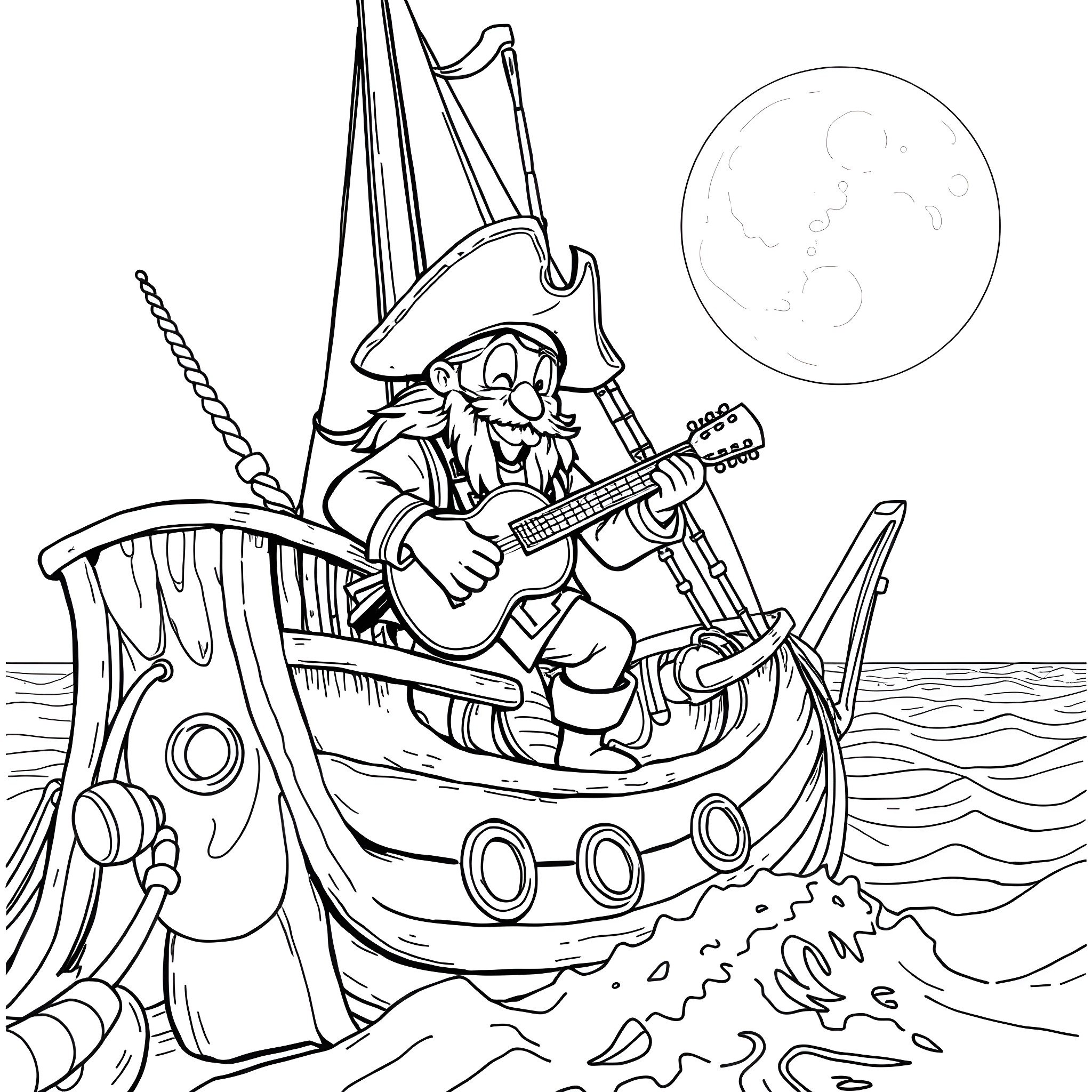 Eddie the Pirate Musician Sailing Under the Moonlight Coloring Page (free black-and-white line drawing printable PDF for all, from beginners to advanced learners, including children, teens, adults, and seniors)