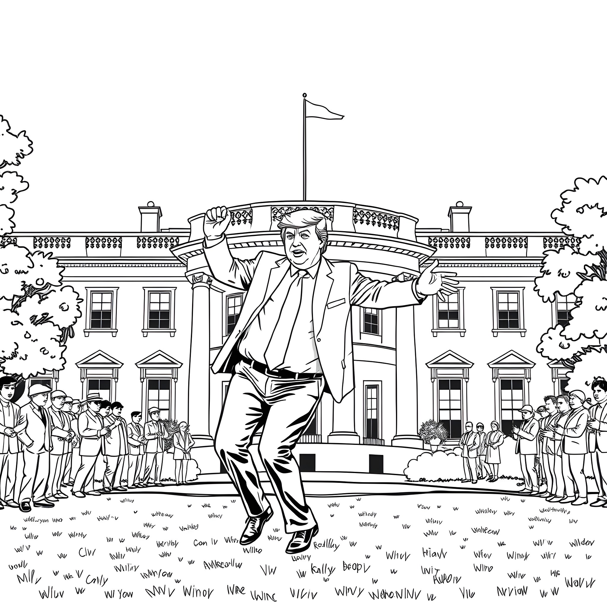 Donald Trump's Flamboyant Gestures Outside the White House Coloring Page (free black-and-white line drawing printable PDF for all, from beginners to advanced learners, including children, teens, adults, and seniors)