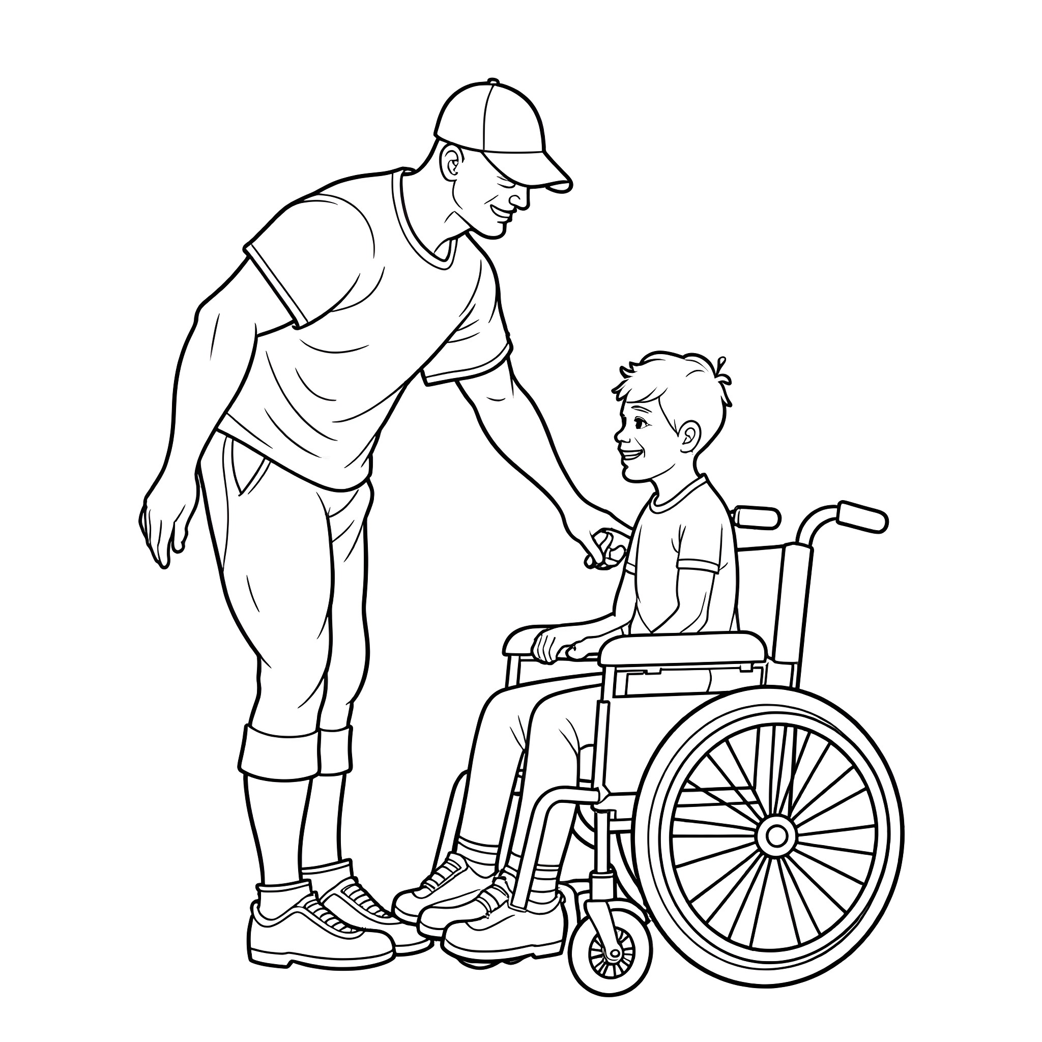 John Cena helps a person in wheelchair Coloring Page (free black-and-white line drawing printable PDF for all, from beginners to advanced learners, including children, teens, adults, and seniors)
