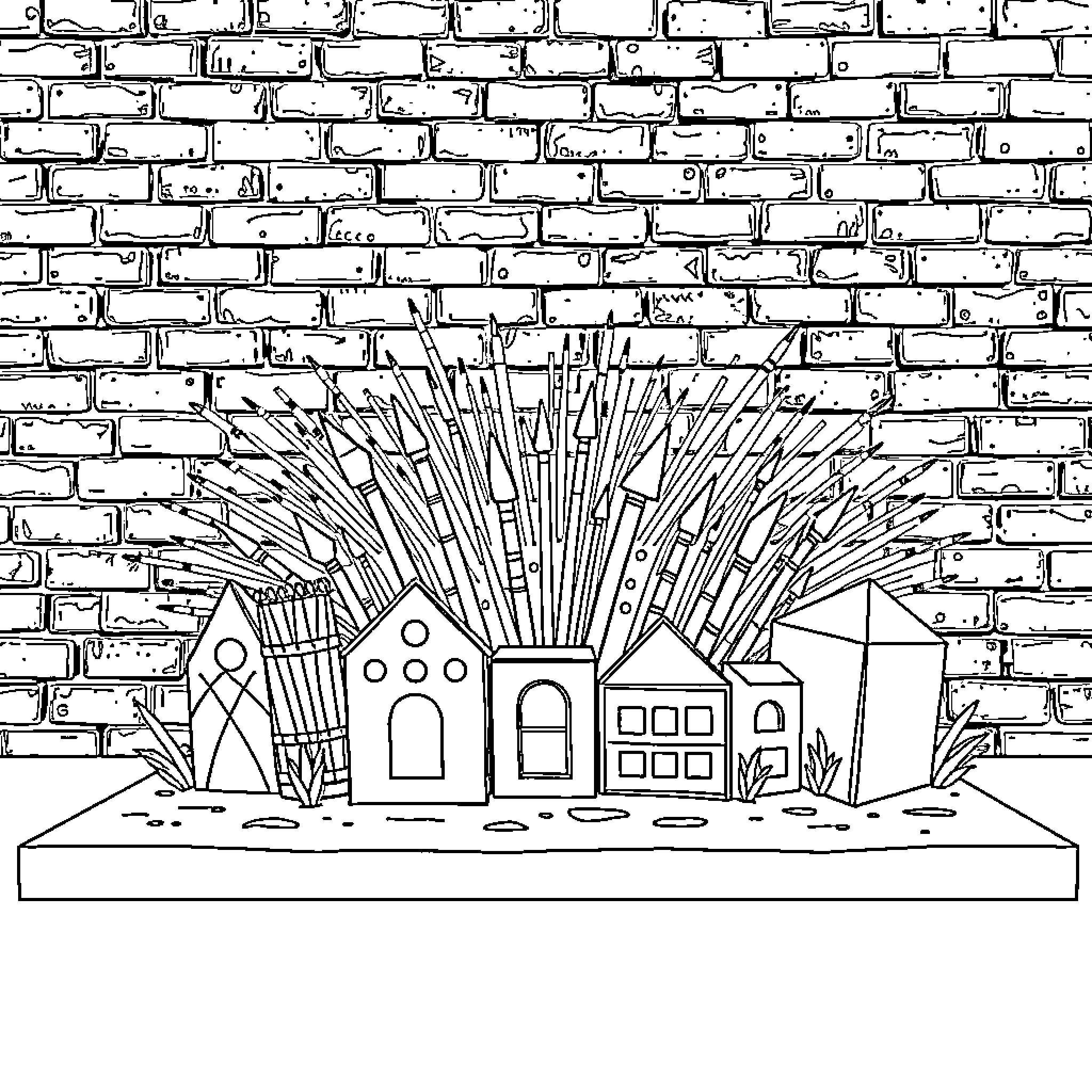 Project Whimsical Neighborhood on Brick Wall Coloring Page (free black-and-white line drawing printable PDF for all, from beginners to advanced learners, including children, teens, adults, and seniors)