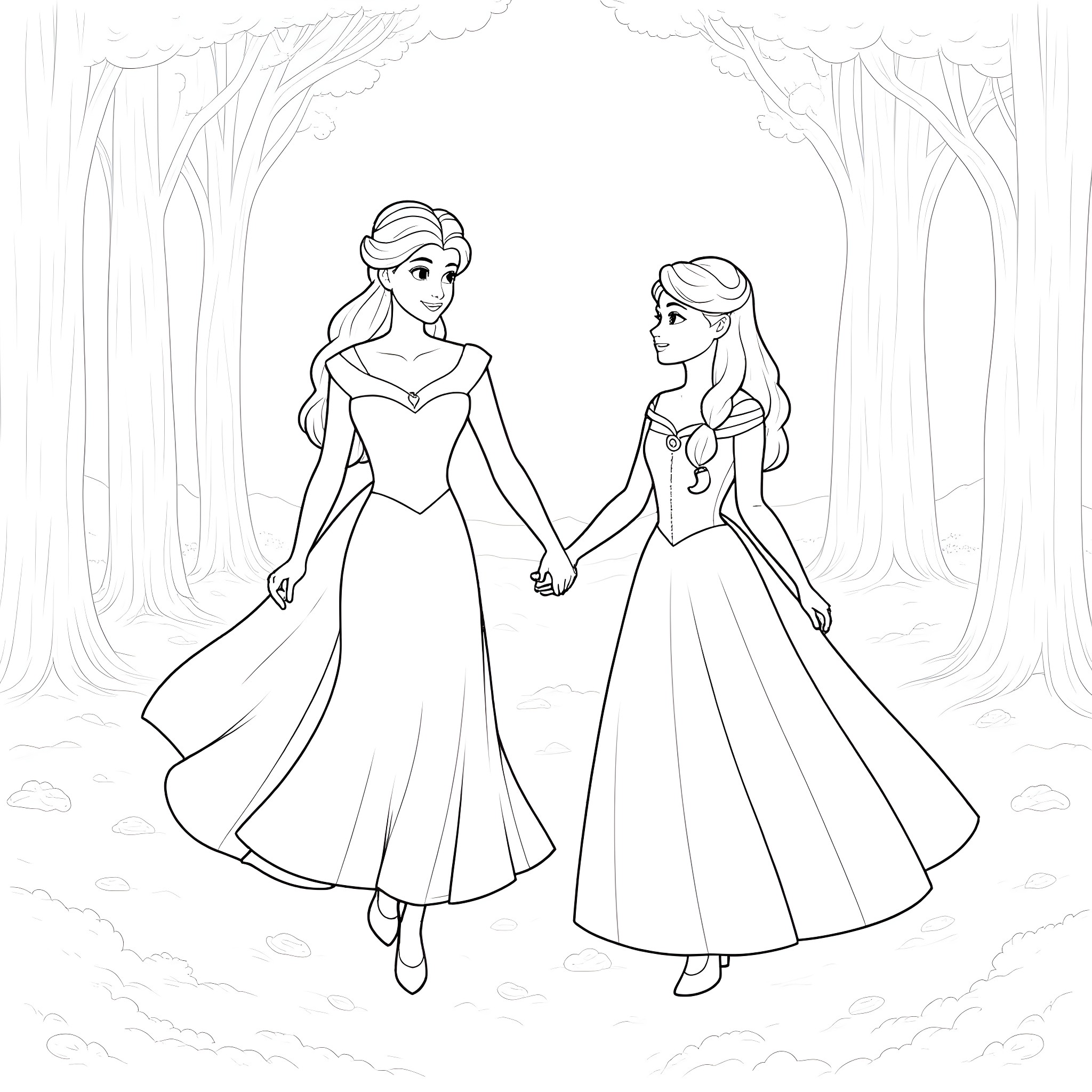 Elsa and Anna in formal gowns walking together Coloring Page (free black-and-white line drawing printable PDF for all, from beginners to advanced learners, including children, teens, adults, and seniors)