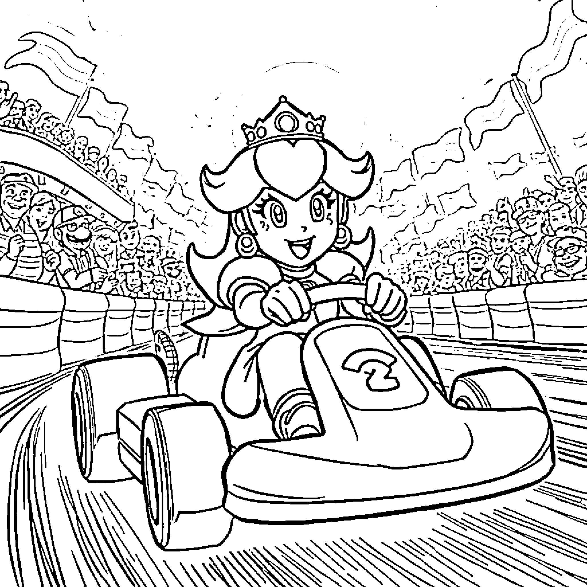 Princess Peach driving race car on racing track Coloring Page (free black-and-white line drawing printable PDF for all, from beginners to advanced learners, including children, teens, adults, and seniors)