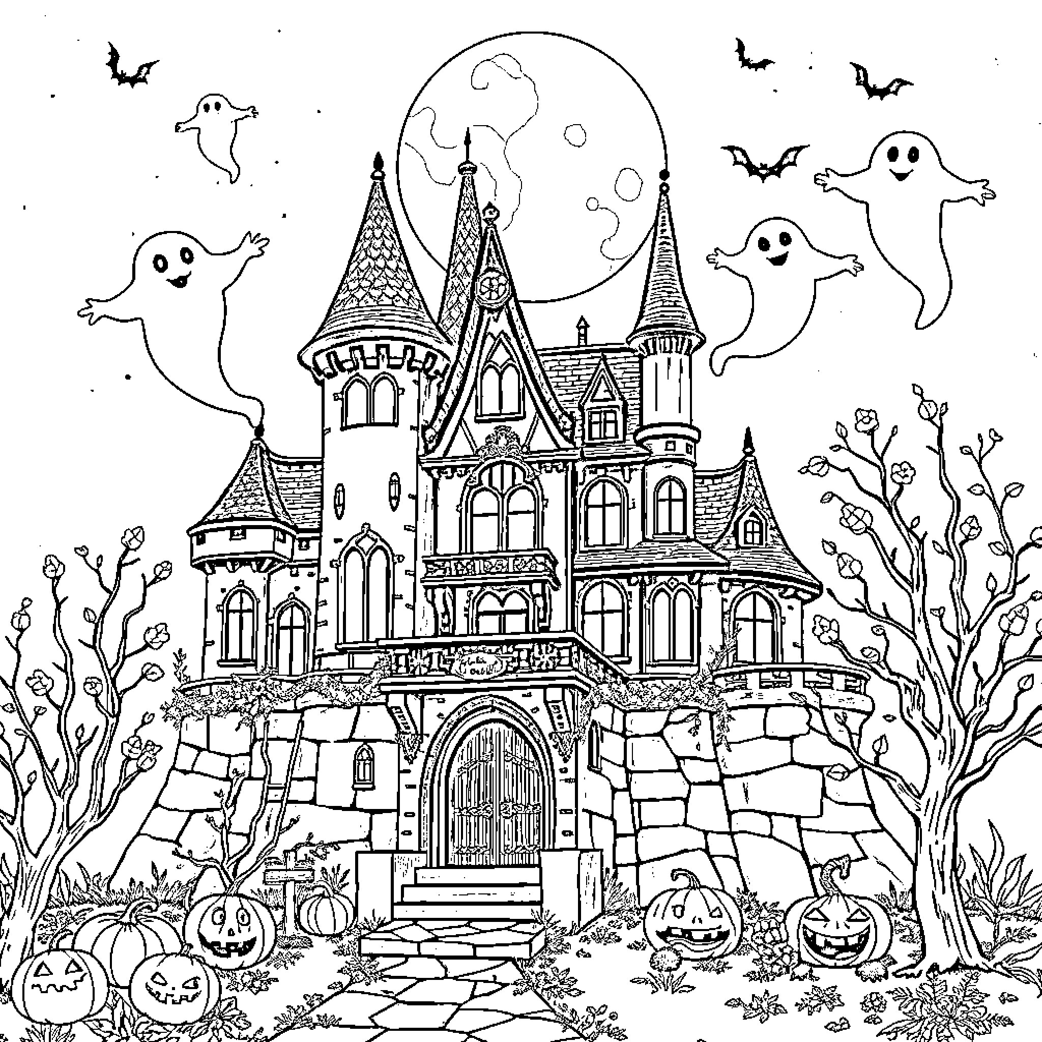 Château of Ghostly Dwellings and Eerie Silhouettes Coloring Page (free black-and-white line drawing printable PDF for all, from beginners to advanced learners, including children, teens, adults, and seniors)