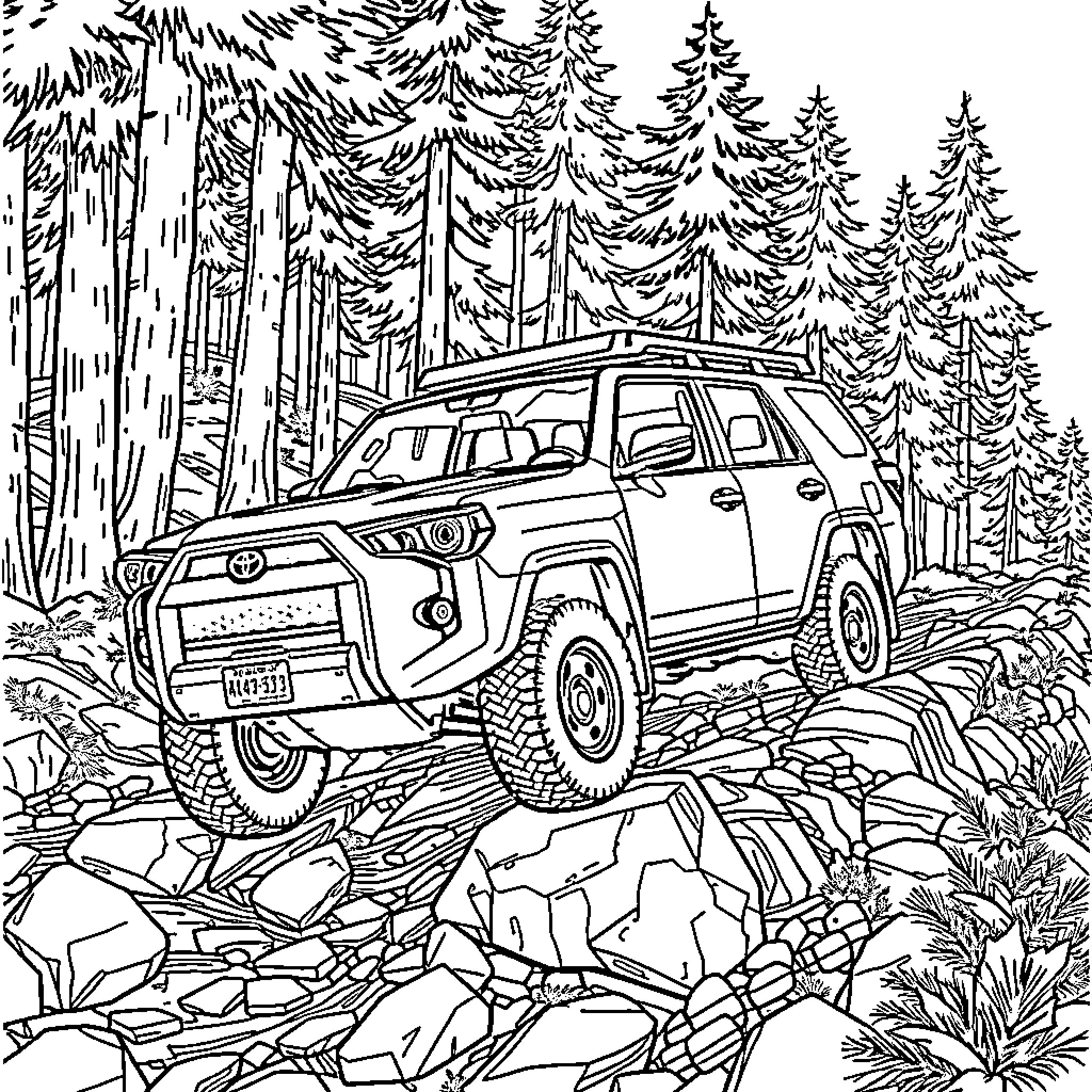 Toyota 4Runner Navigating Rugged Terrain in the Forest Coloring Page (free black-and-white line drawing printable PDF for all, from beginners to advanced learners, including children, teens, adults, and seniors)