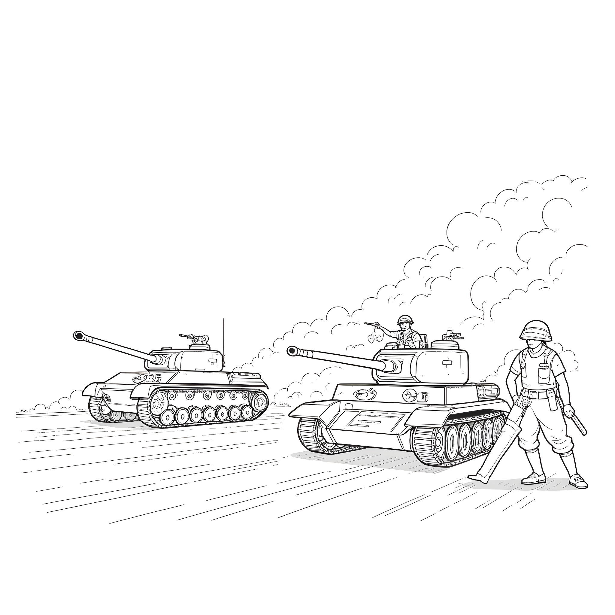 Tank battle with soldiers in action Coloring Page (free black-and-white line drawing printable PDF for all, from beginners to advanced learners, including children, teens, adults, and seniors)