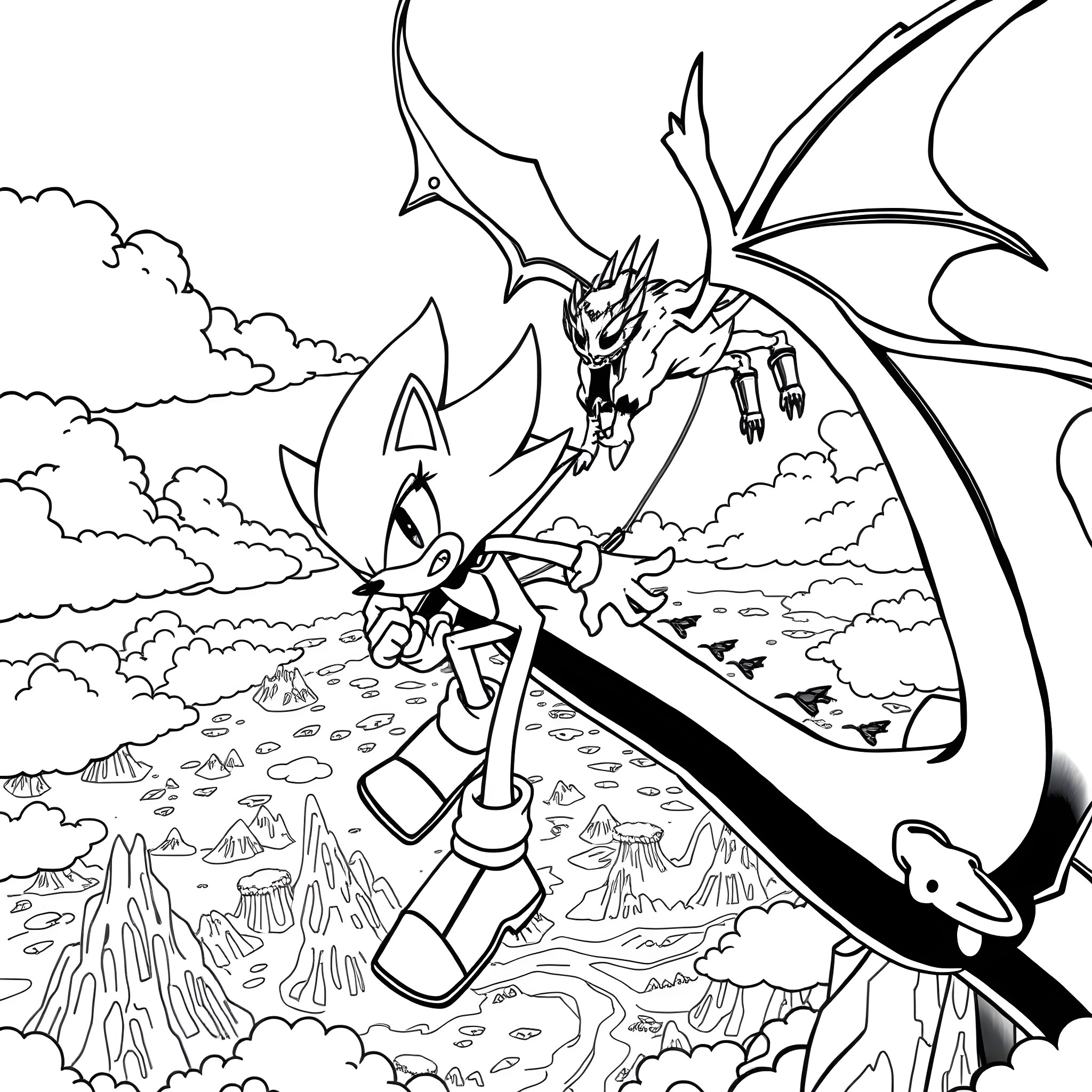 Shadow Creatures Soaring Through the Skies Coloring Page (free black-and-white line drawing printable PDF for all, from beginners to advanced learners, including children, teens, adults, and seniors)