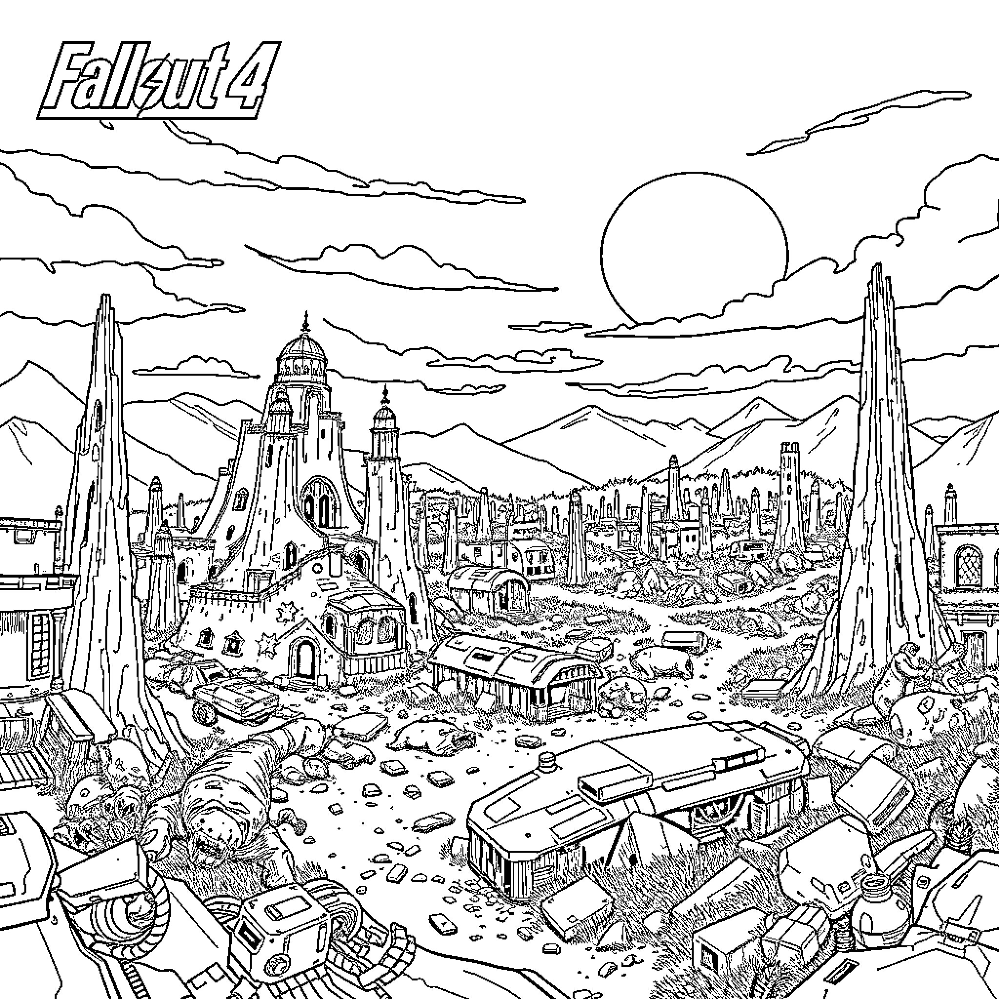 Fallout: Wasteland cityscape with futuristic architecture Coloring Page (free black-and-white line drawing printable PDF for all, from beginners to advanced learners, including children, teens, adults, and seniors)