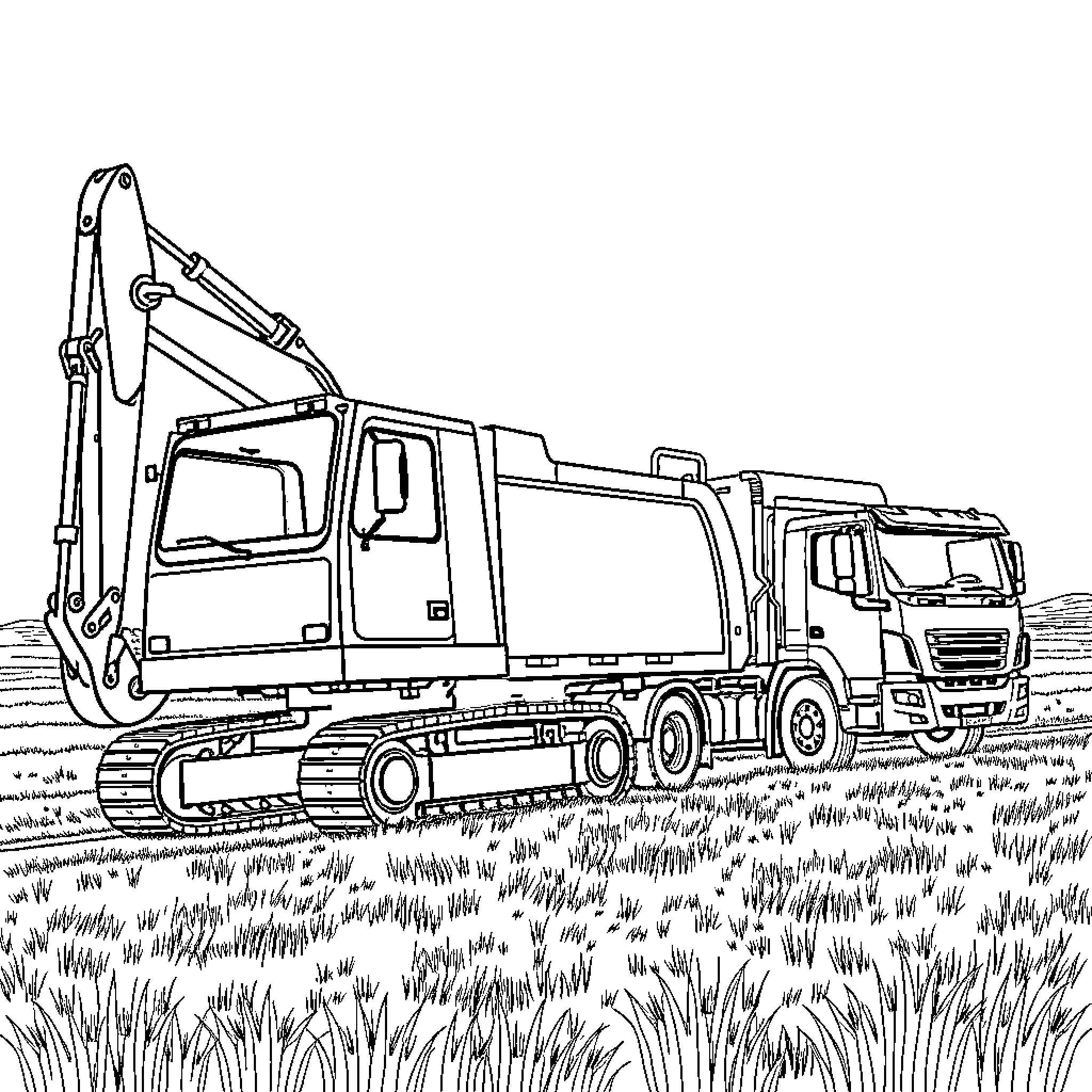 Excavator performing construction work on a site Coloring Page (free black-and-white line drawing printable PDF for all, from beginners to advanced learners, including children, teens, adults, and seniors)