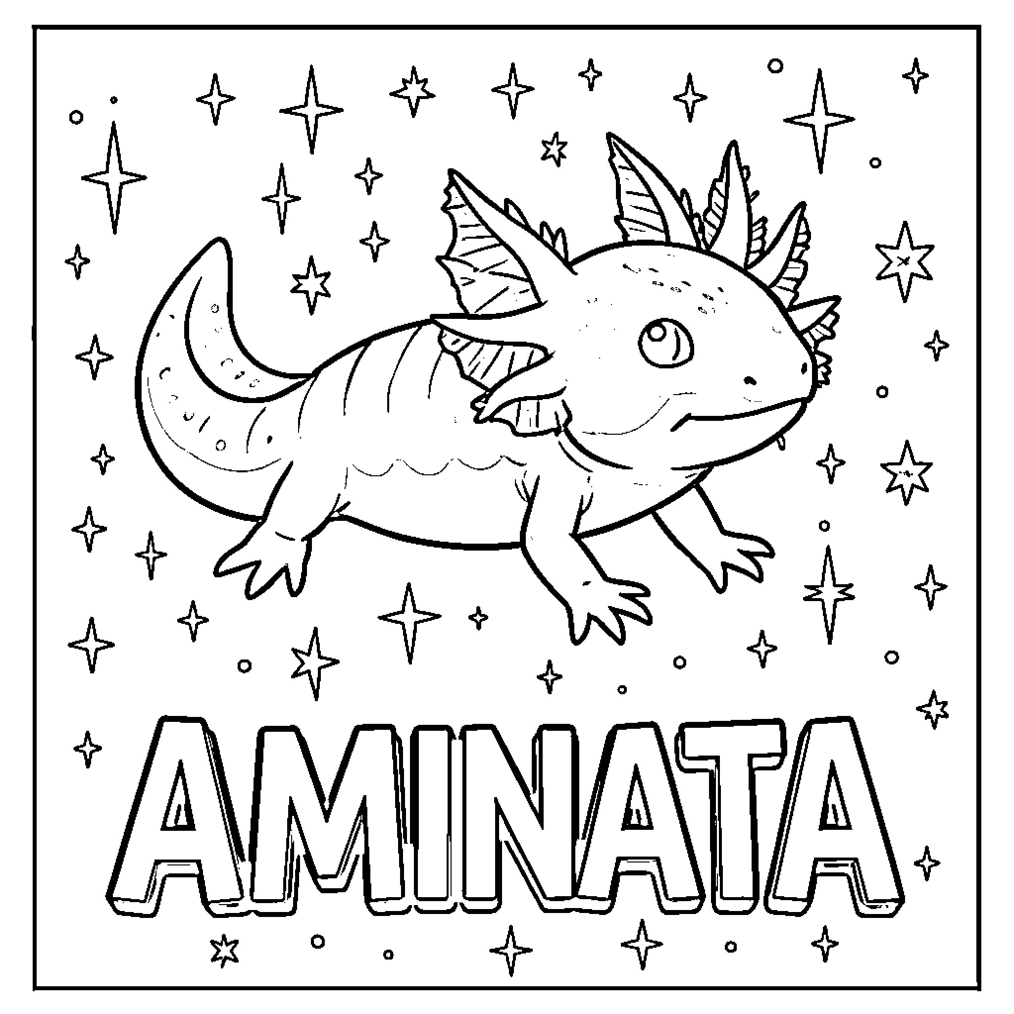 Axolotl exploring a starry night sky Coloring Page (free black-and-white line drawing printable PDF for all, from beginners to advanced learners, including children, teens, adults, and seniors)