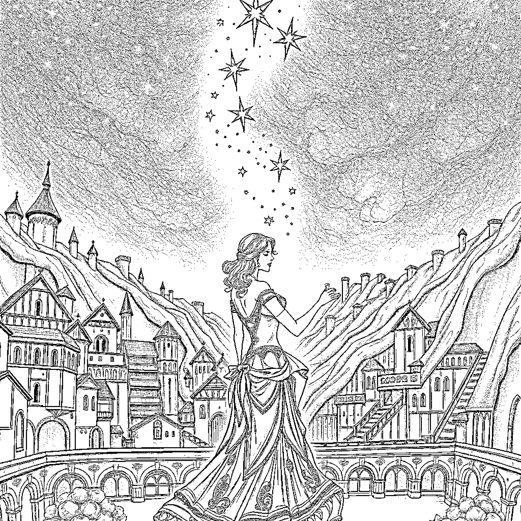 Velaris: Starry Night in a Fantastical City Coloring Page (free black-and-white line drawing printable PDF for all, from beginners to advanced learners, including children, teens, adults, and seniors)