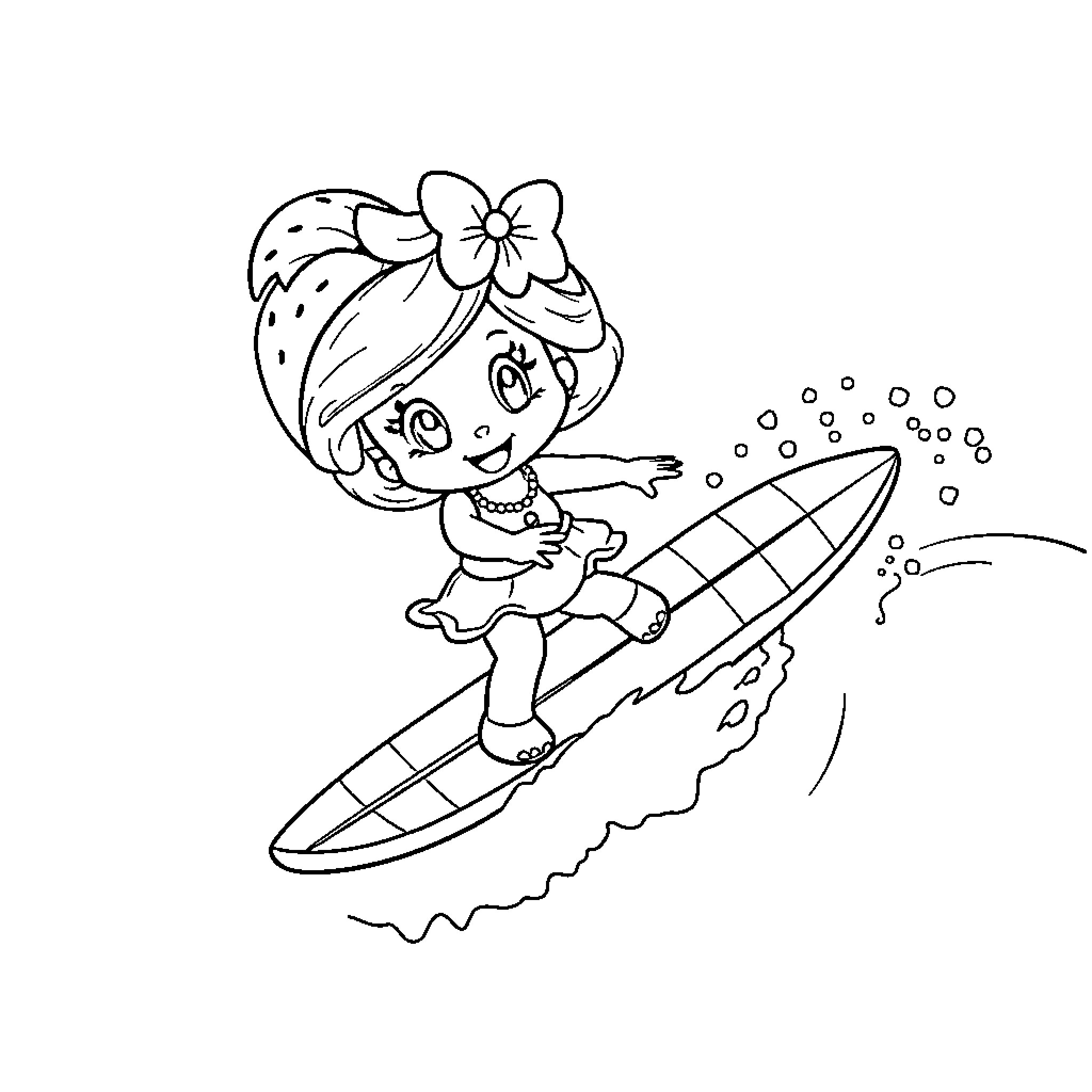 Strawberry Shortcake surfing the waves happily Coloring Page (free black-and-white line drawing printable PDF for all, from beginners to advanced learners, including children, teens, adults, and seniors)