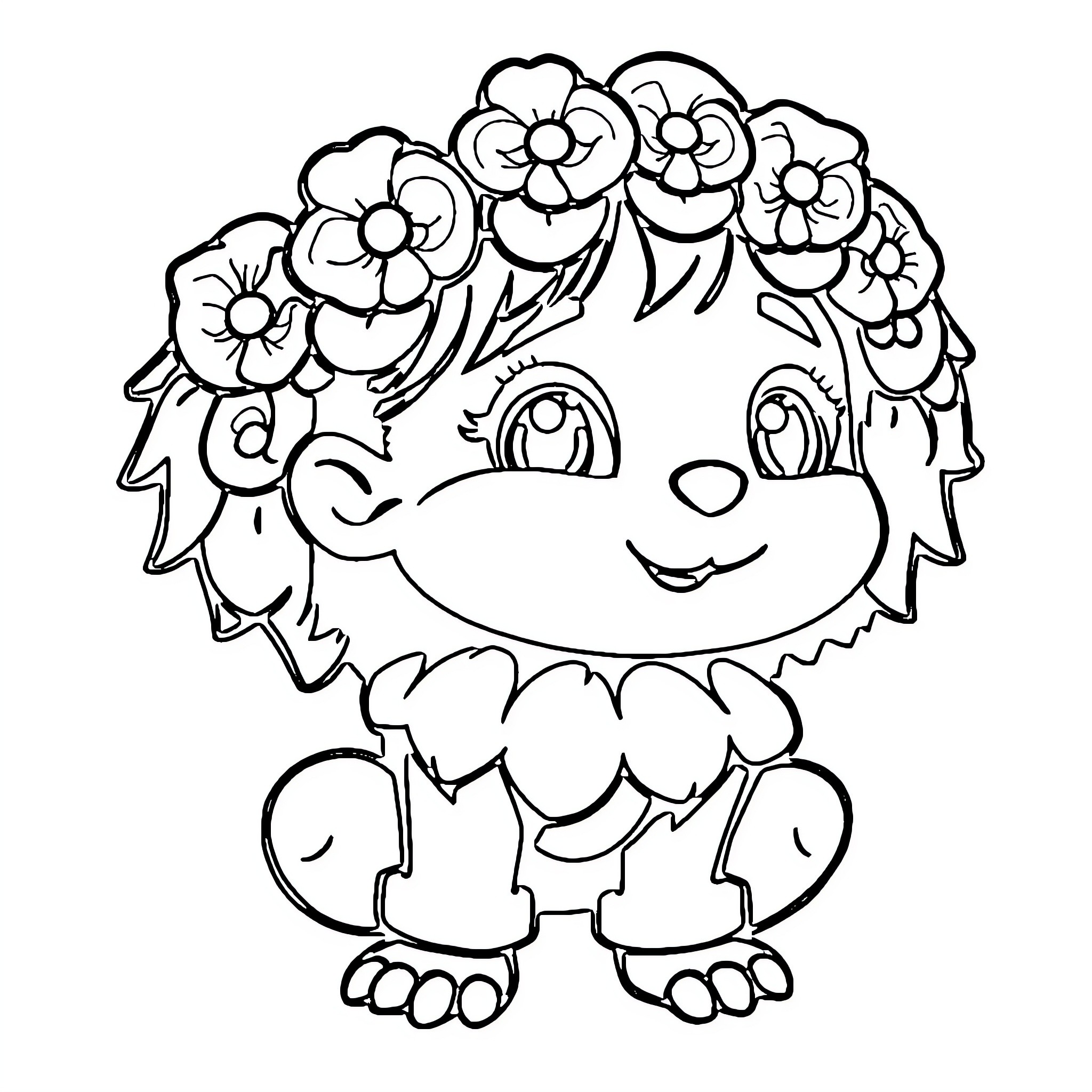 Image of a smiling creature with a flower crown Coloring Page (free black-and-white line drawing printable PDF for all, from beginners to advanced learners, including children, teens, adults, and seniors)