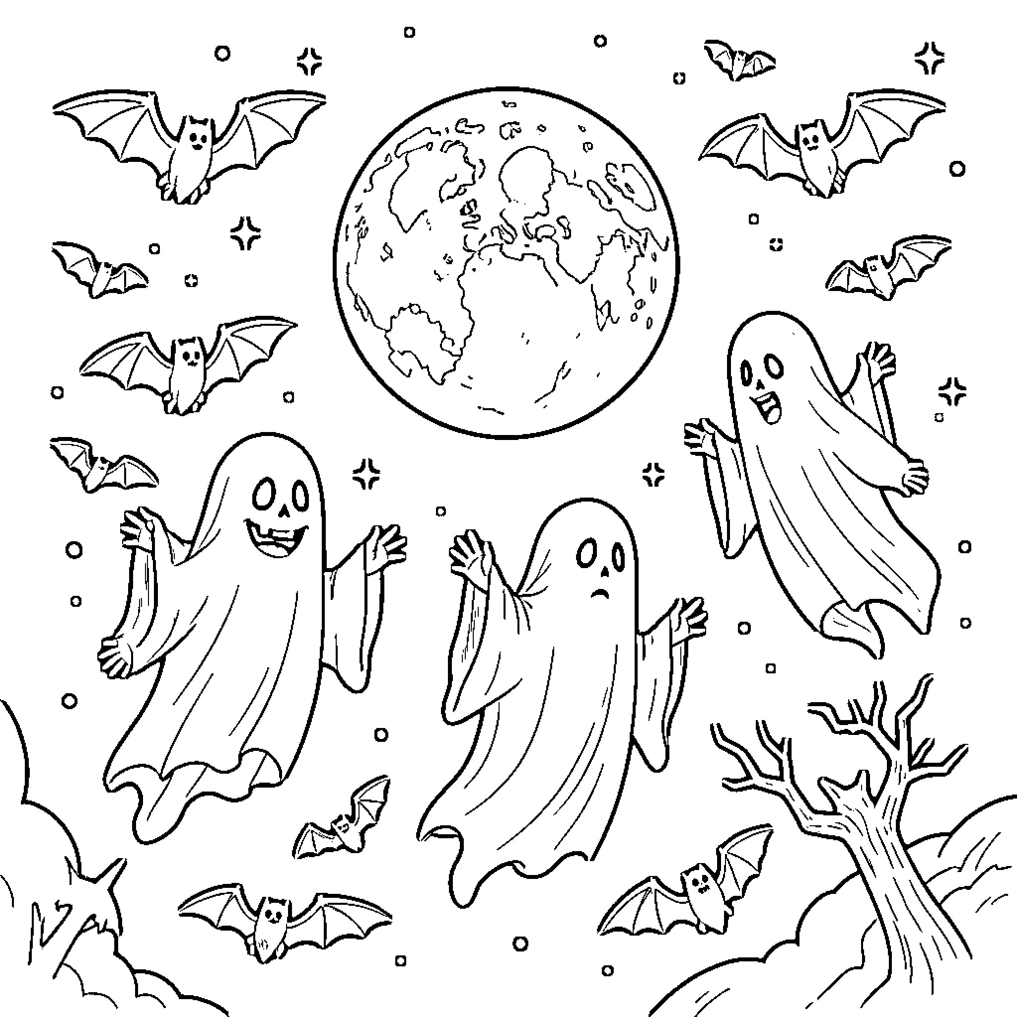 Halloween Ghost floating with bats under a full moon Coloring Page (free black-and-white line drawing printable PDF for all, from beginners to advanced learners, including children, teens, adults, and seniors)