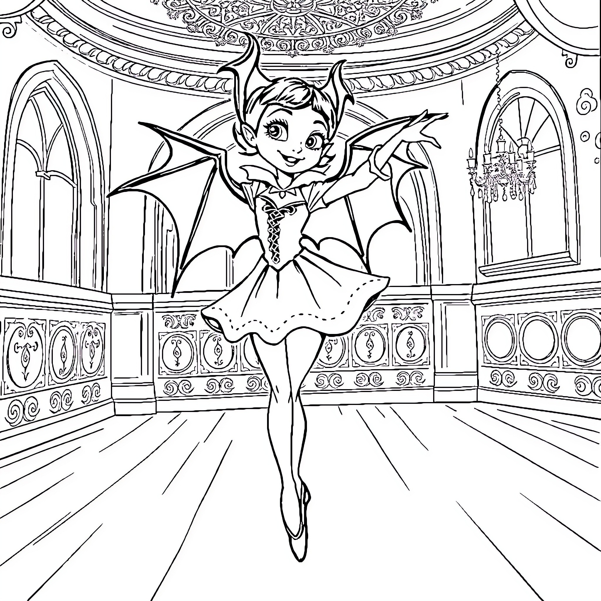 Vampirina's Elegant Vampire Dance Coloring Page (free black-and-white line drawing printable PDF for all, from beginners to advanced learners, including children, teens, adults, and seniors)