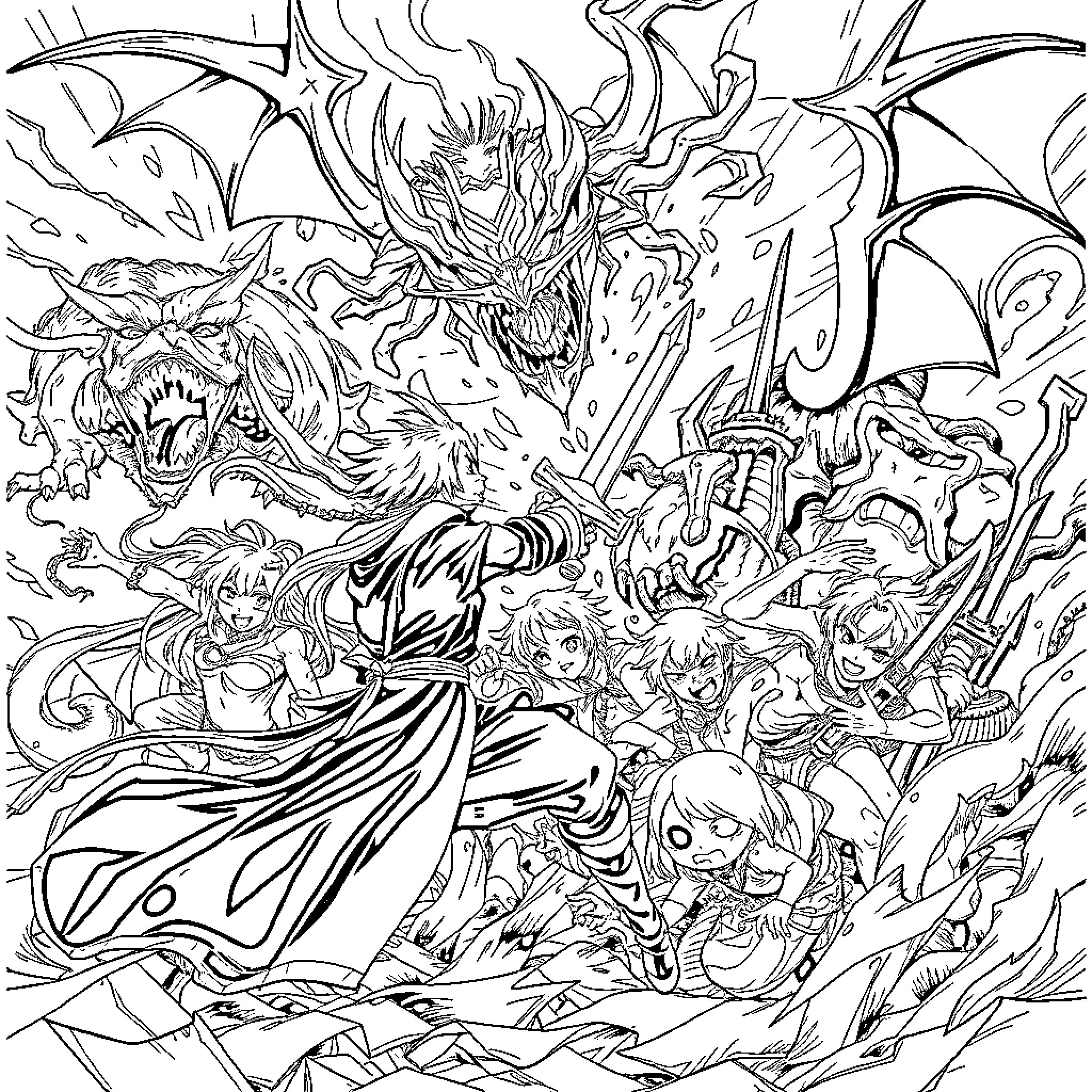 Demon Slayer: Intense Battle of Powerful Figures Coloring Page (free black-and-white line drawing printable PDF for all, from beginners to advanced learners, including children, teens, adults, and seniors)