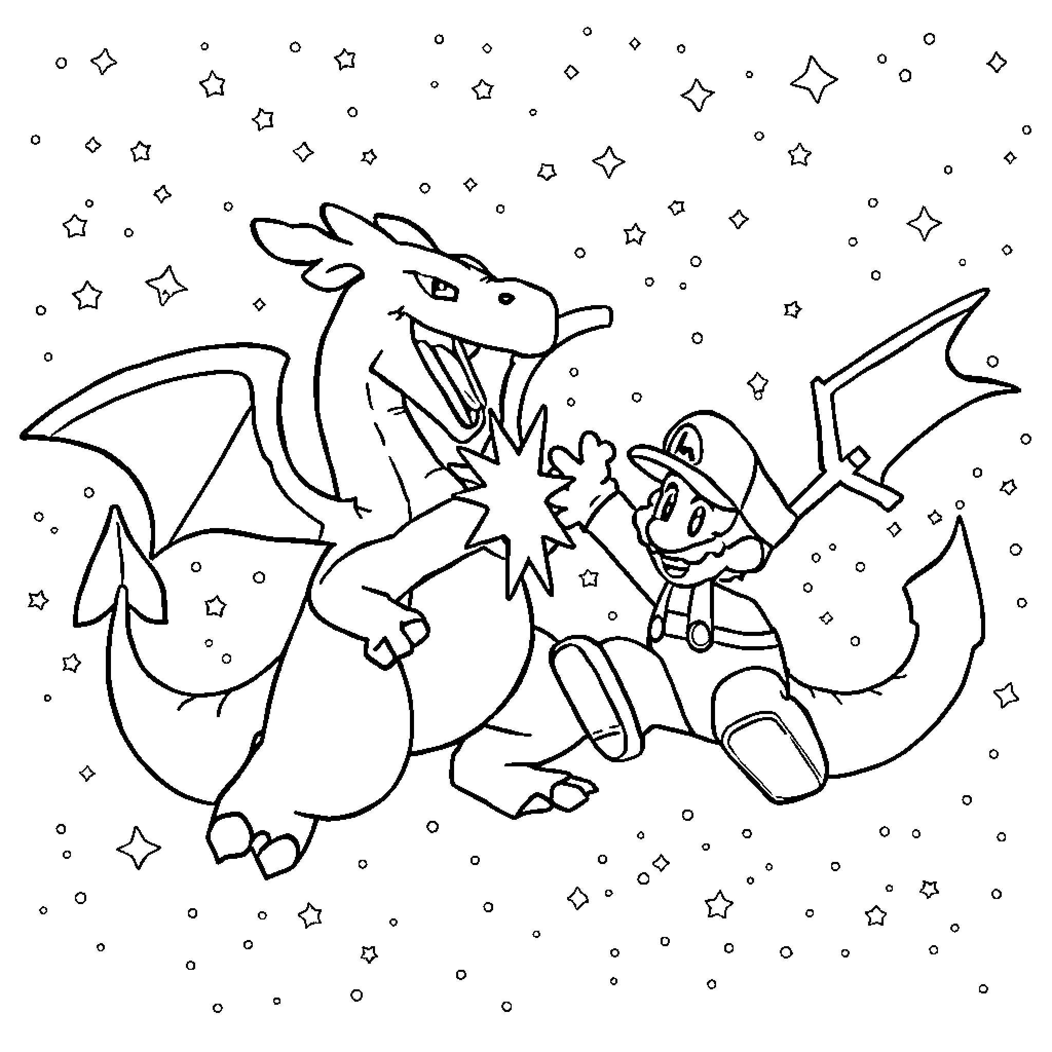 Charizard and Pikachu exploring the starry night sky Coloring Page (free black-and-white line drawing printable PDF for all, from beginners to advanced learners, including children, teens, adults, and seniors)