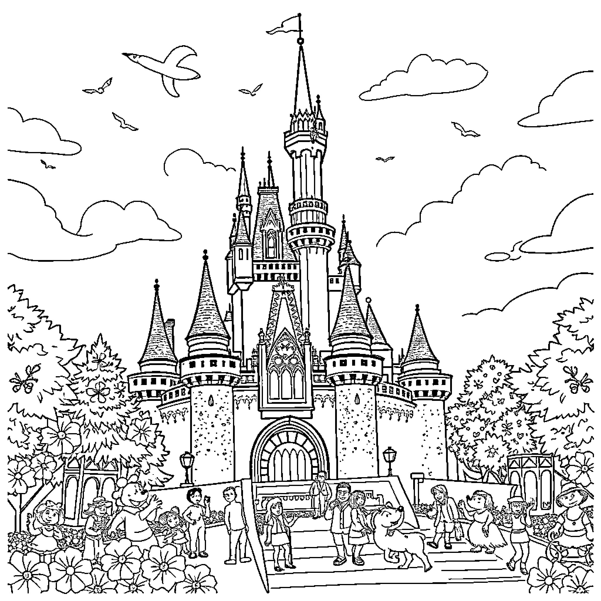 Disney magical castle with lively scenes Coloring Page (free black-and-white line drawing printable PDF for all, from beginners to advanced learners, including children, teens, adults, and seniors)