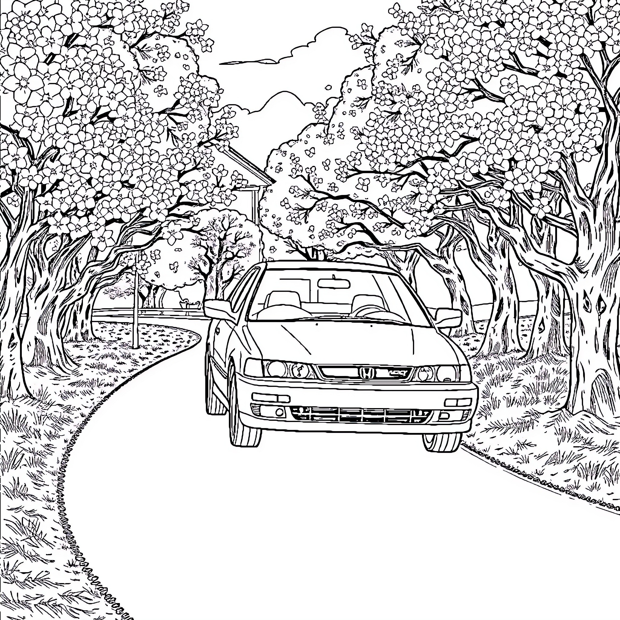 Honda Accord on a scenic country road with blooming trees Coloring Page (free black-and-white line drawing printable PDF for all, from beginners to advanced learners, including children, teens, adults, and seniors)