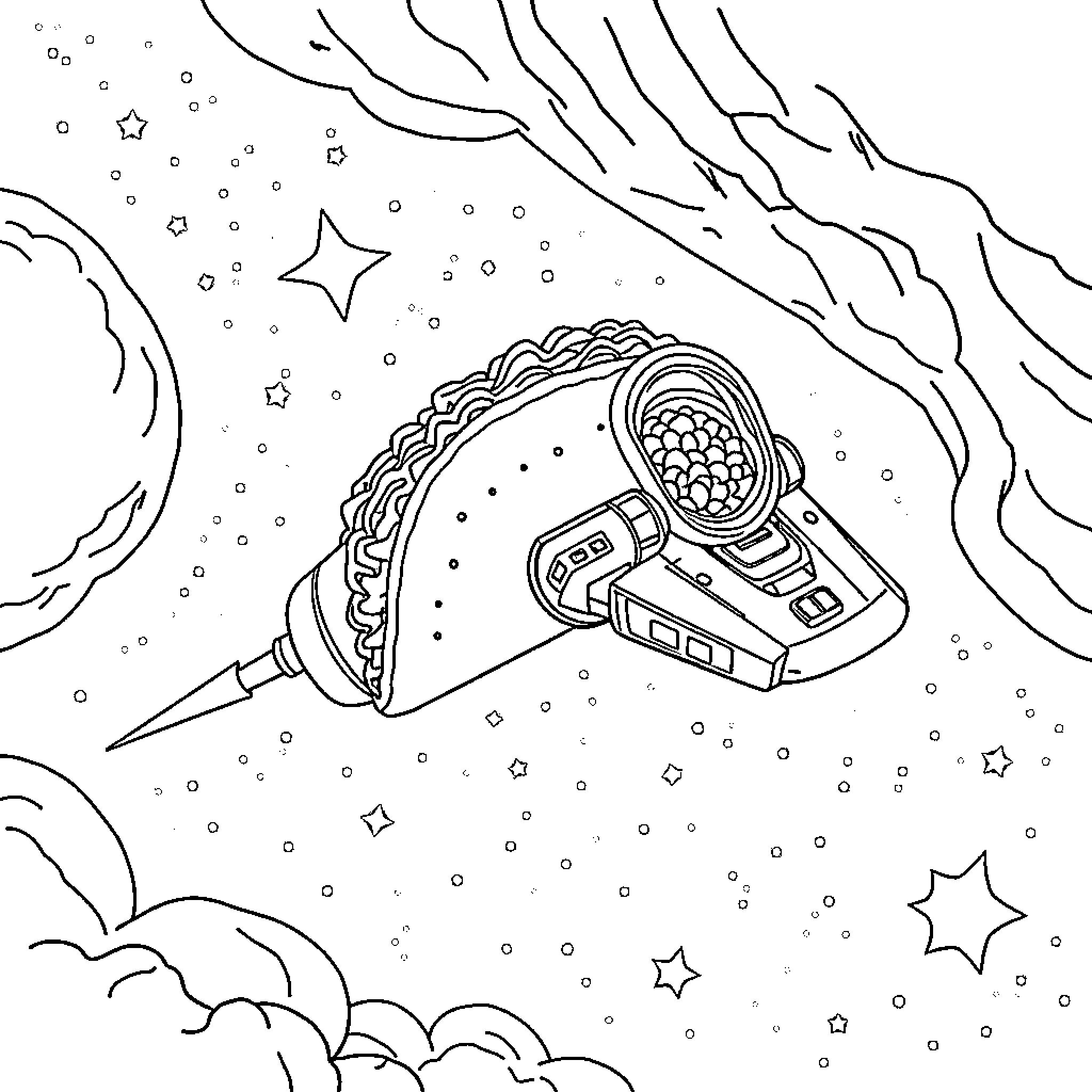 Space Ship Traveling Through Cosmic Landscape Coloring Page (free black-and-white line drawing printable PDF for all, from beginners to advanced learners, including children, teens, adults, and seniors)