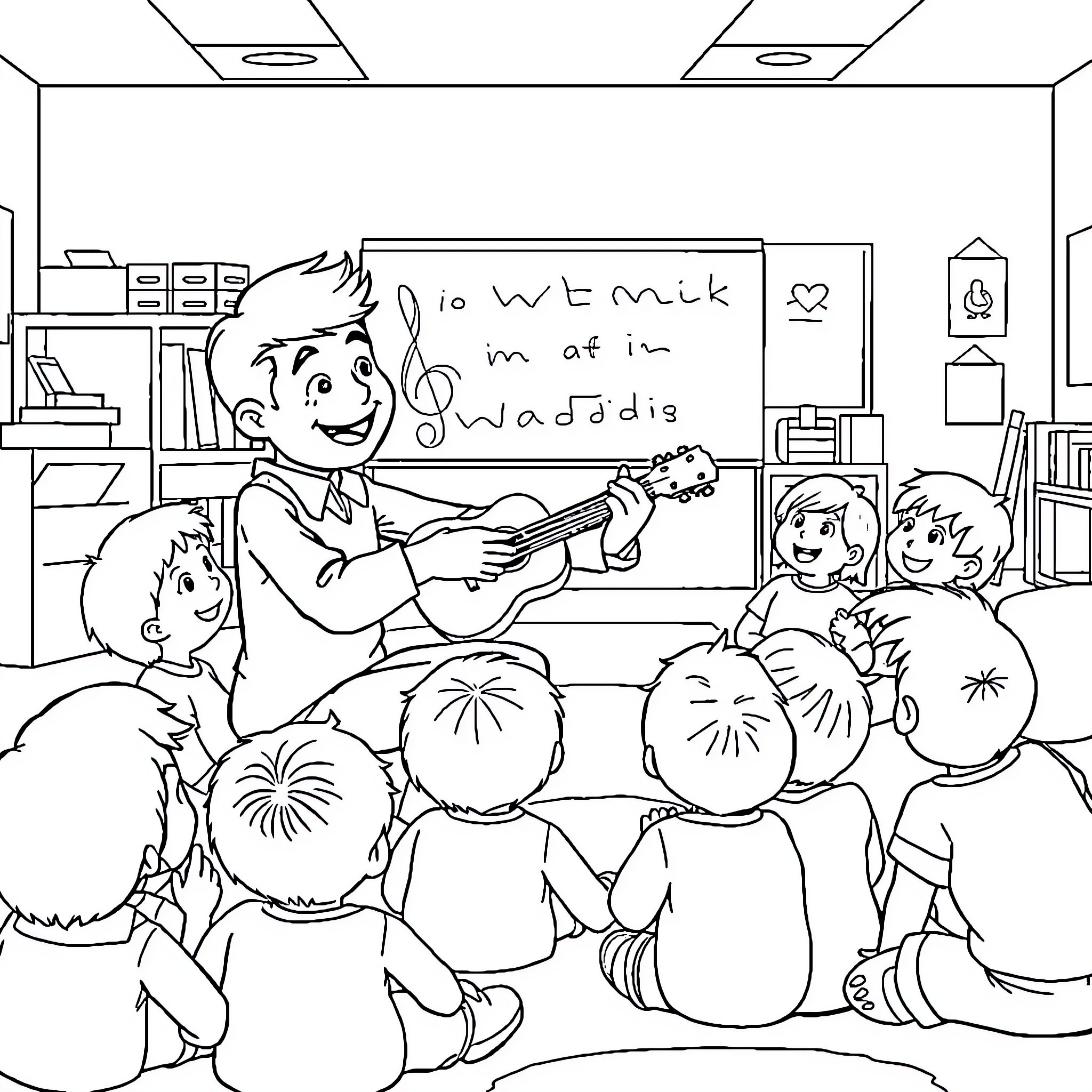 Eddie van Galen teaching music to students in the classroom Coloring Page (free black-and-white line drawing printable PDF for all, from beginners to advanced learners, including children, teens, adults, and seniors)