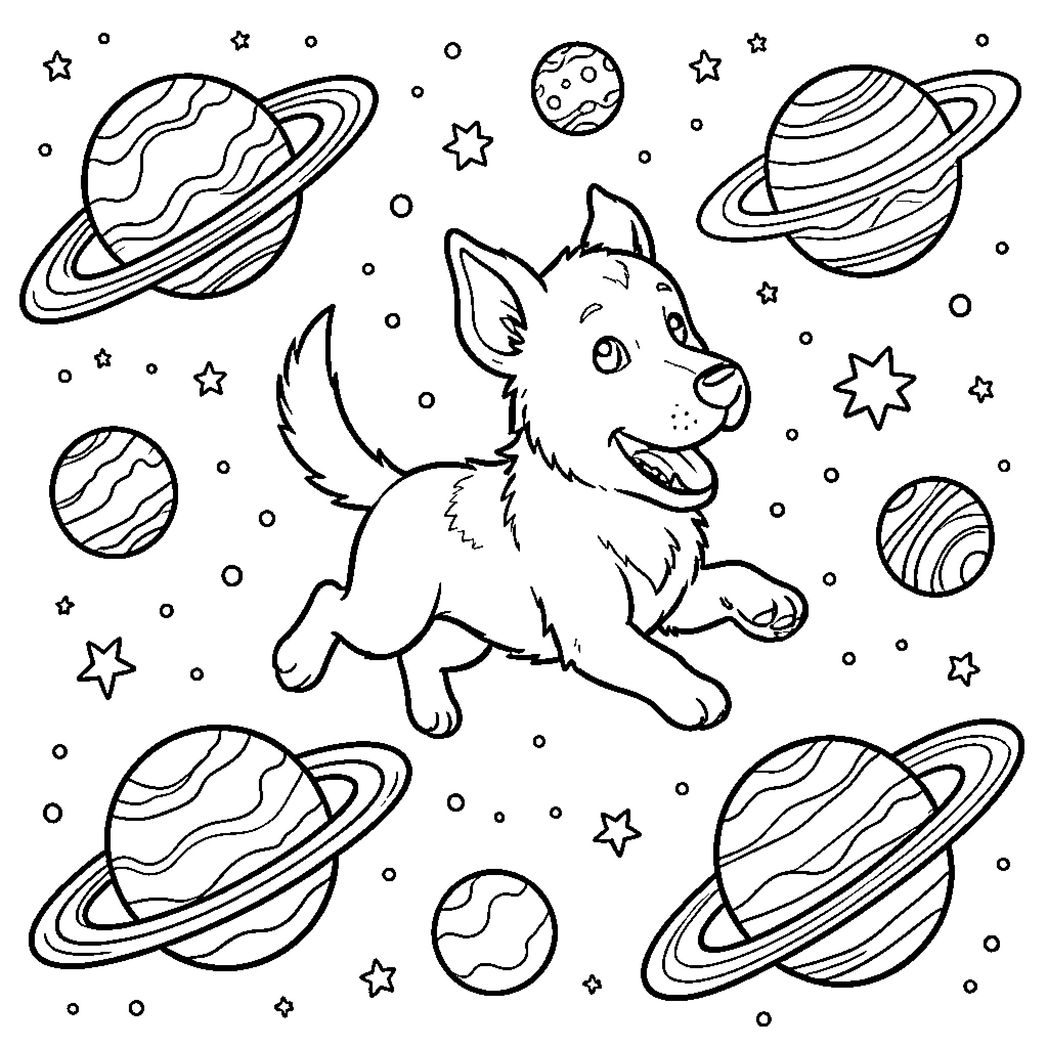 Perro playing among planets and stars Coloring Page (free black-and-white line drawing printable PDF for all, from beginners to advanced learners, including children, teens, adults, and seniors)