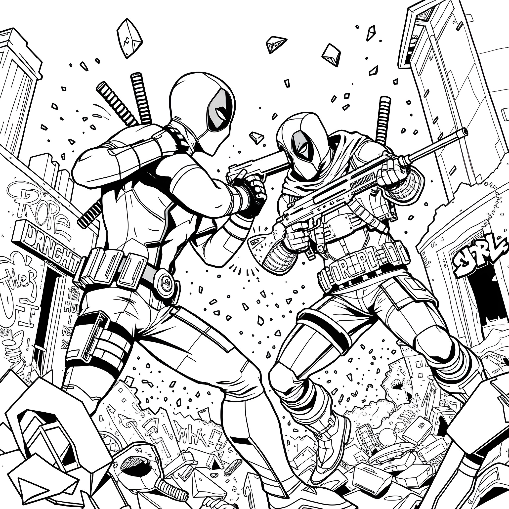Deadpool Mercenaries in Action-Packed City Showdown Coloring Page (free black-and-white line drawing printable PDF for all, from beginners to advanced learners, including children, teens, adults, and seniors)