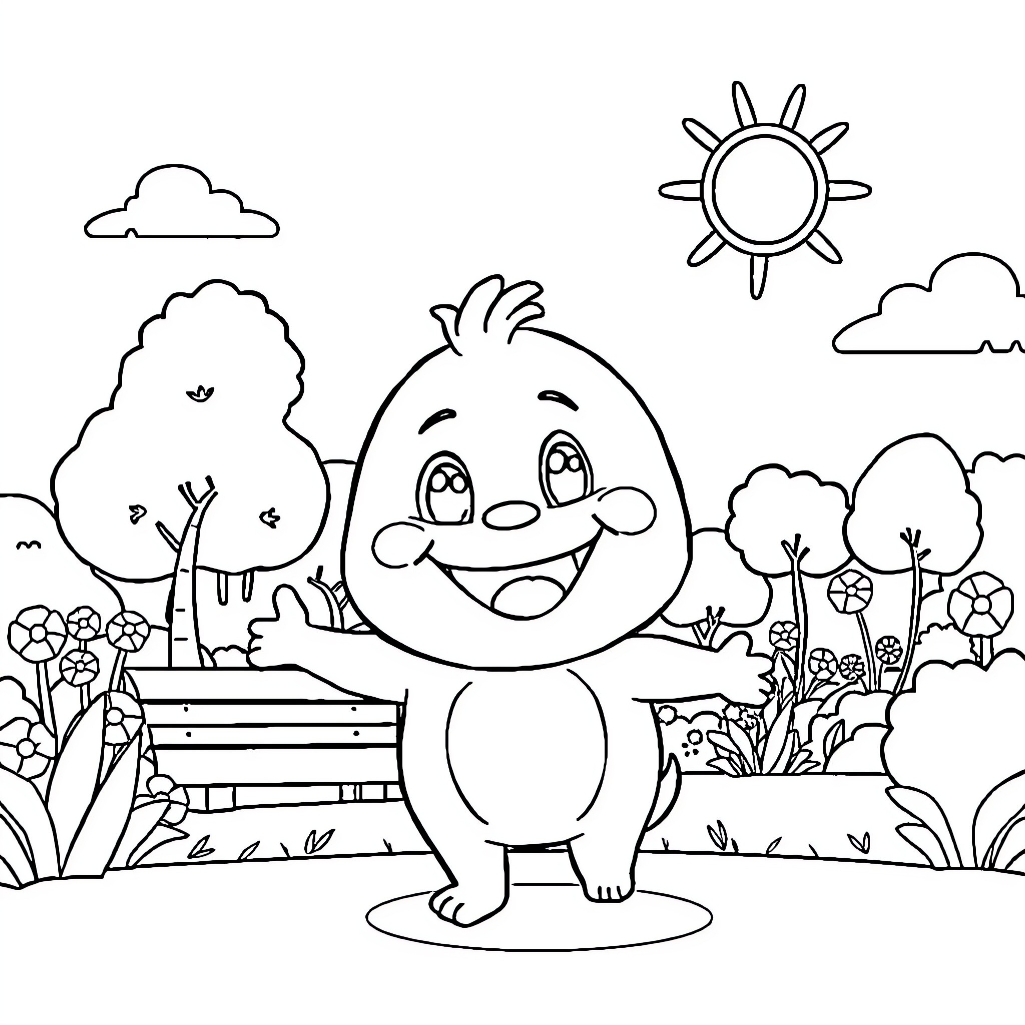 Labubu's Cheerful Day in the Park Coloring Page (free black-and-white line drawing printable PDF for all, from beginners to advanced learners, including children, teens, adults, and seniors)