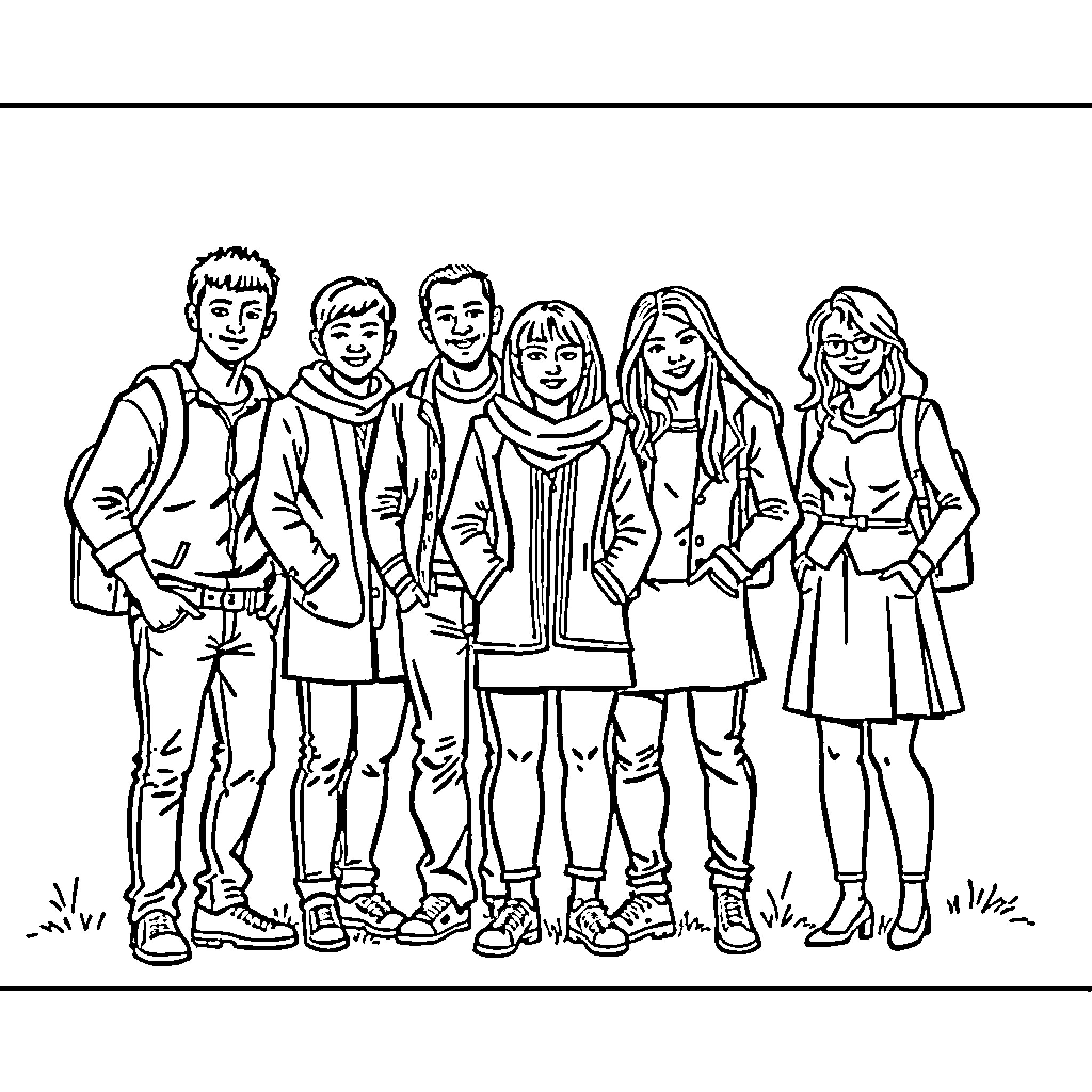 6-7 people gathered in casual outfits Coloring Page (free black-and-white line drawing printable PDF for all, from beginners to advanced learners, including children, teens, adults, and seniors)