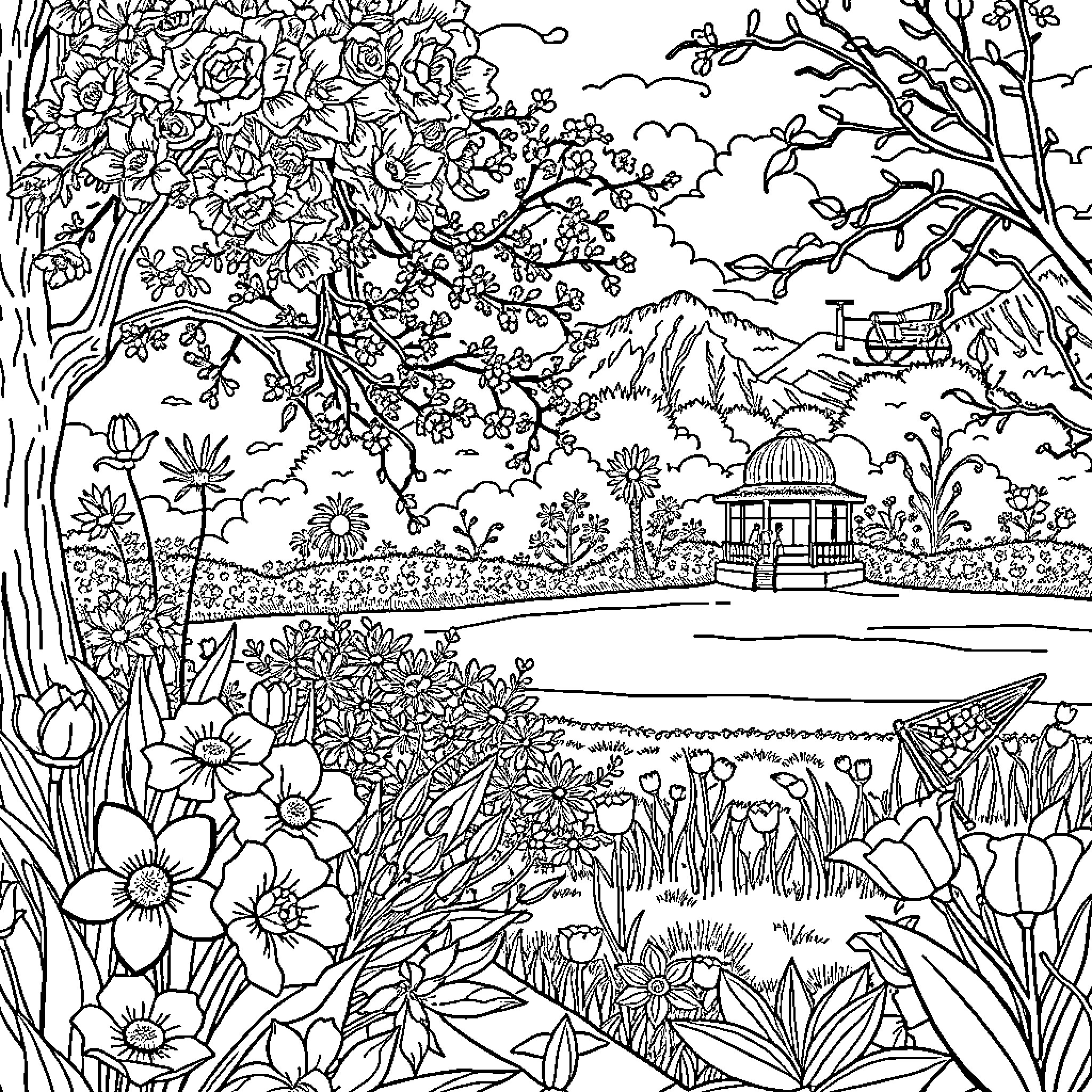 Flower Garden Landscape with Pavilion and Mountains Coloring Page (free black-and-white line drawing printable PDF for all, from beginners to advanced learners, including children, teens, adults, and seniors)