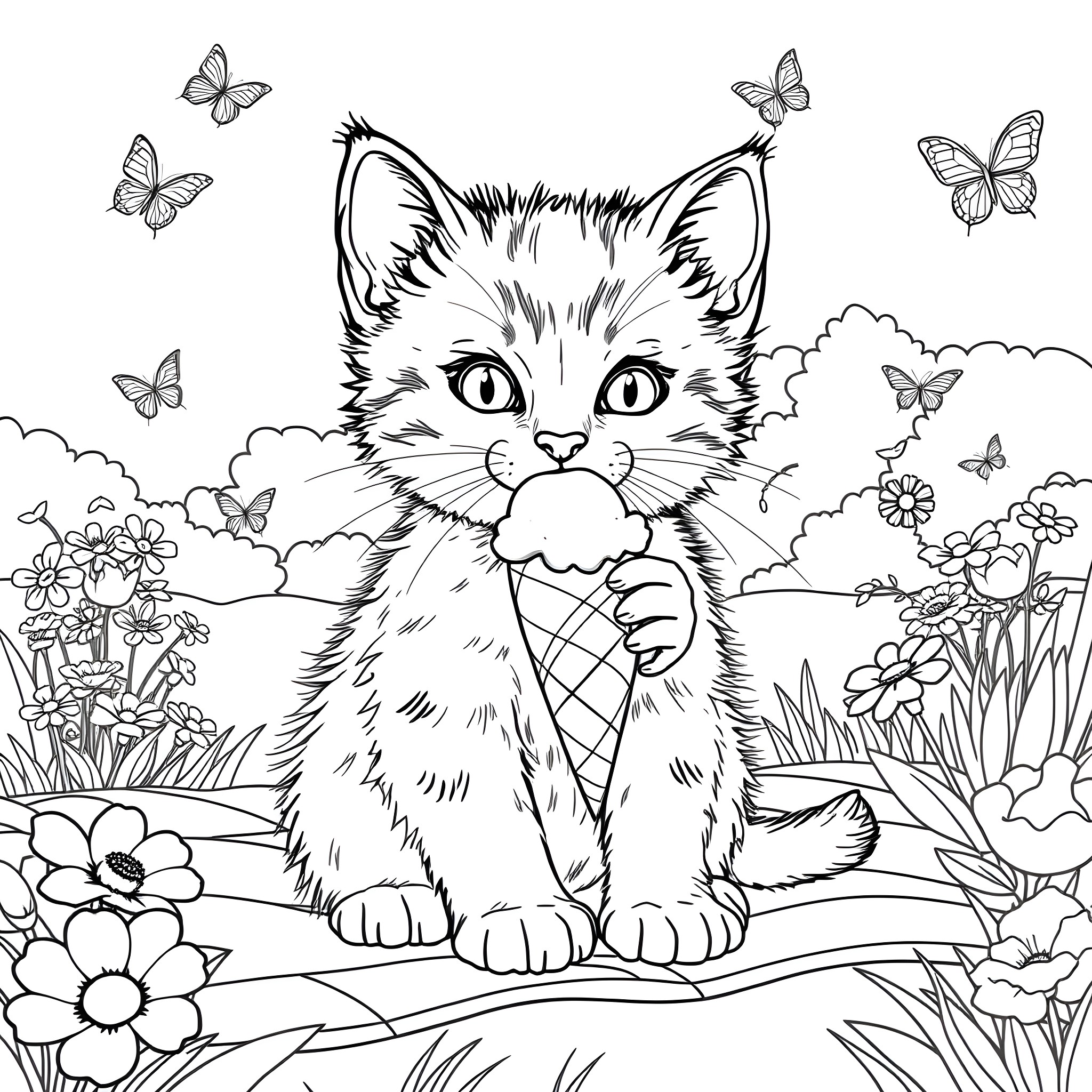 Kitty in a Whimsical Garden Surrounded by Butterflies Coloring Page (free black-and-white line drawing printable PDF for all, from beginners to advanced learners, including children, teens, adults, and seniors)